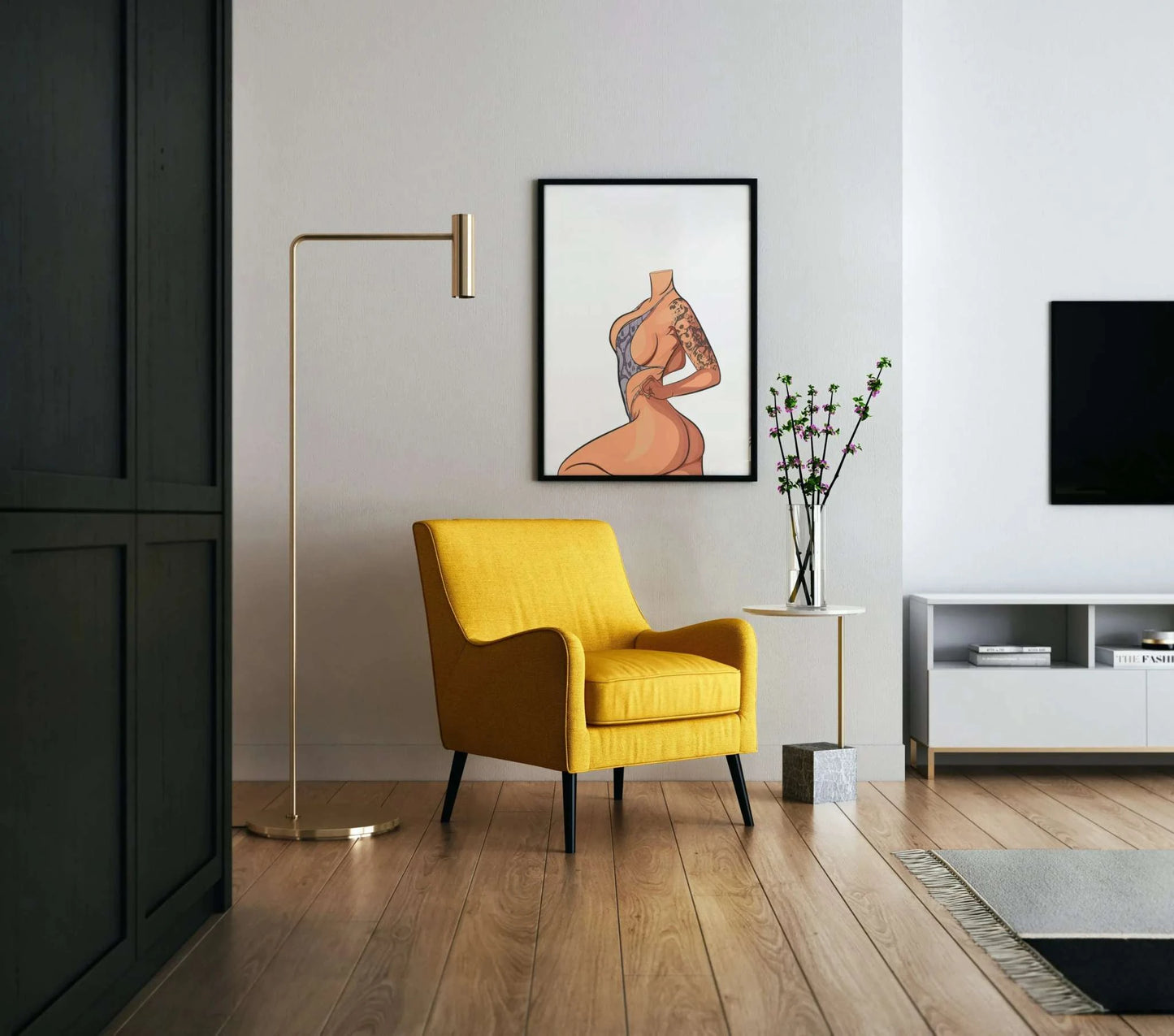 Model 3 Baked Art digital illustration on wall in modern living room with yellow chair.