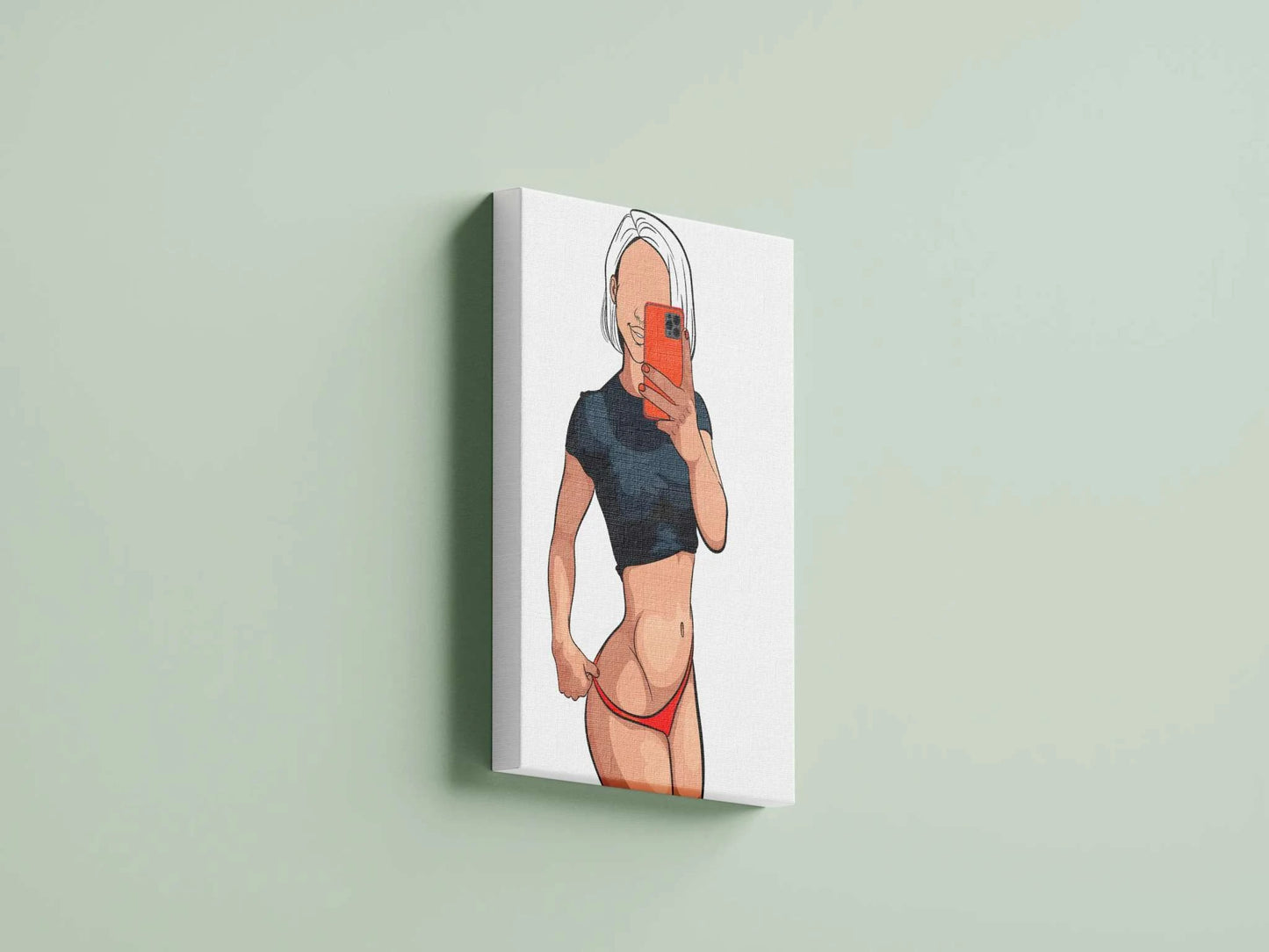 Model 40 - Baked Art digital artwork of a stylish figure taking a selfie, displayed on a canvas against a green background.