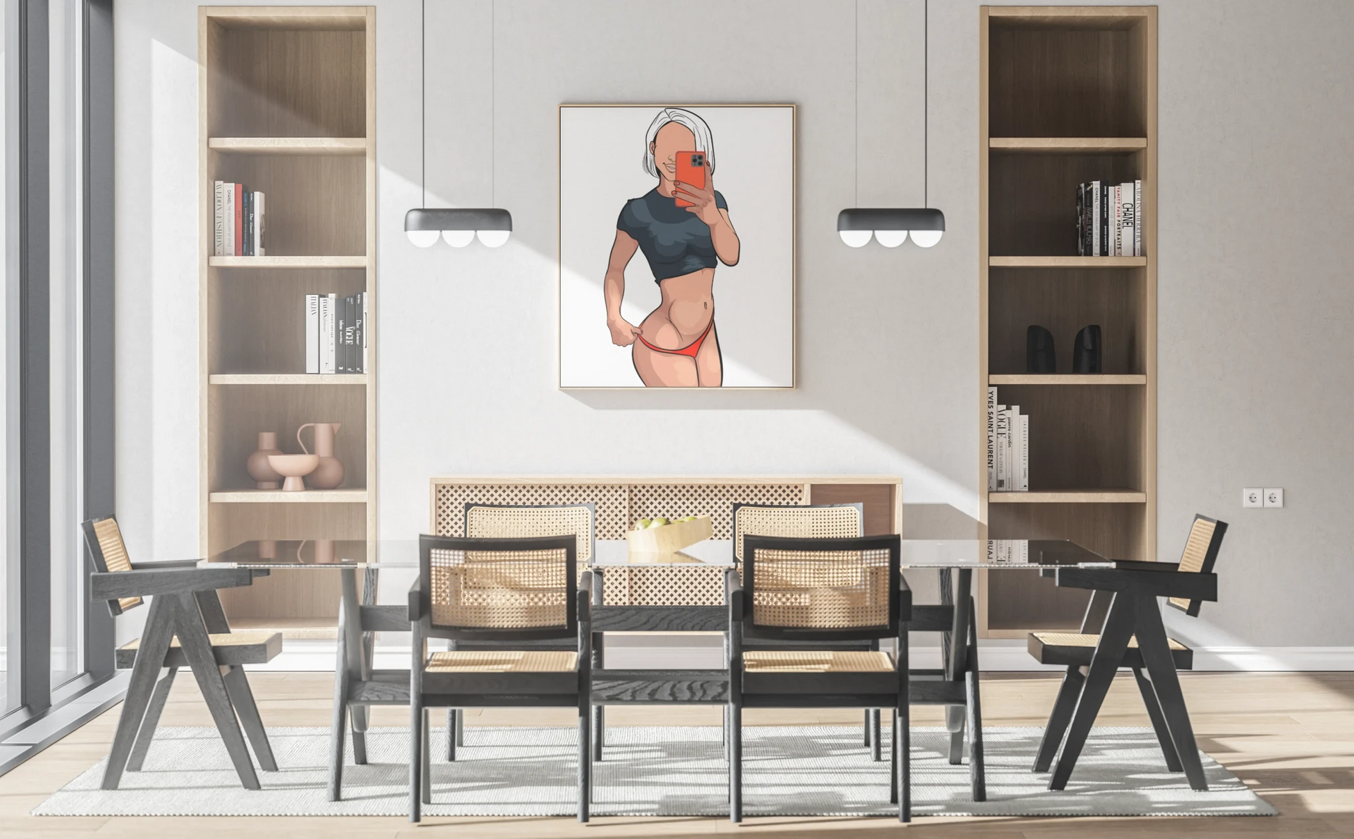 Digital artwork of a stylish figure taking a selfie, Model 40 - Baked Art, displayed in a modern dining room.