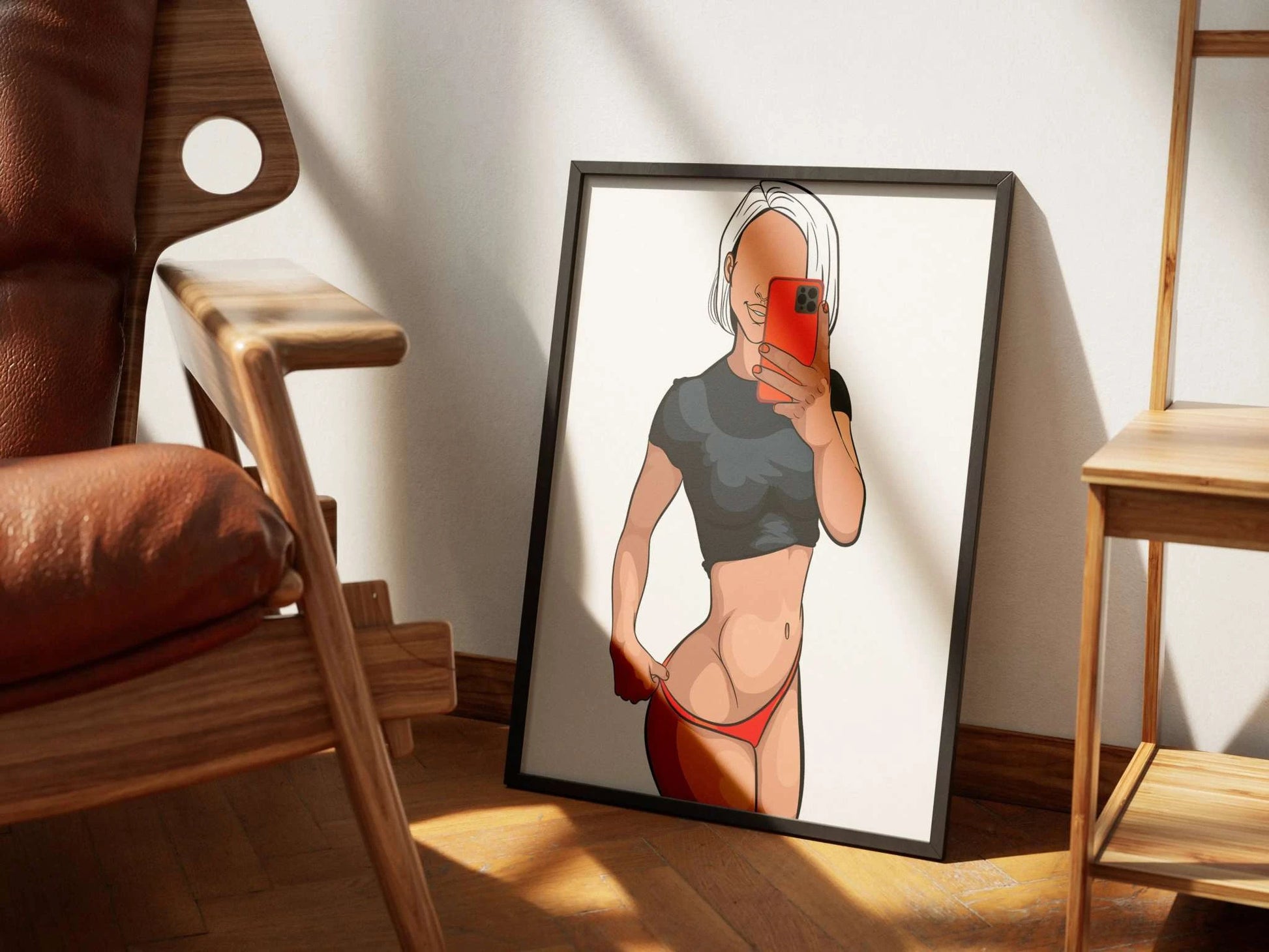 Model 40 - Baked Art digital artwork featuring a stylish figure taking a selfie with vivid colors and clean lines in a modern interior setting.