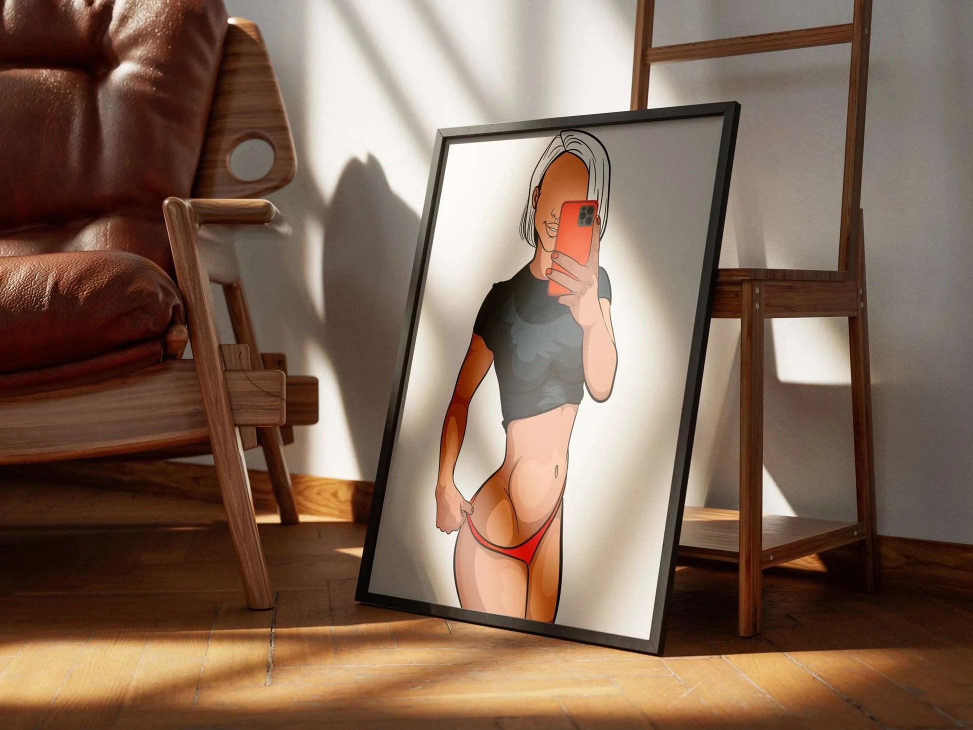 Digital artwork "Model 40 - Baked Art" featuring a stylish figure taking a selfie, displayed in a modern interior setting.