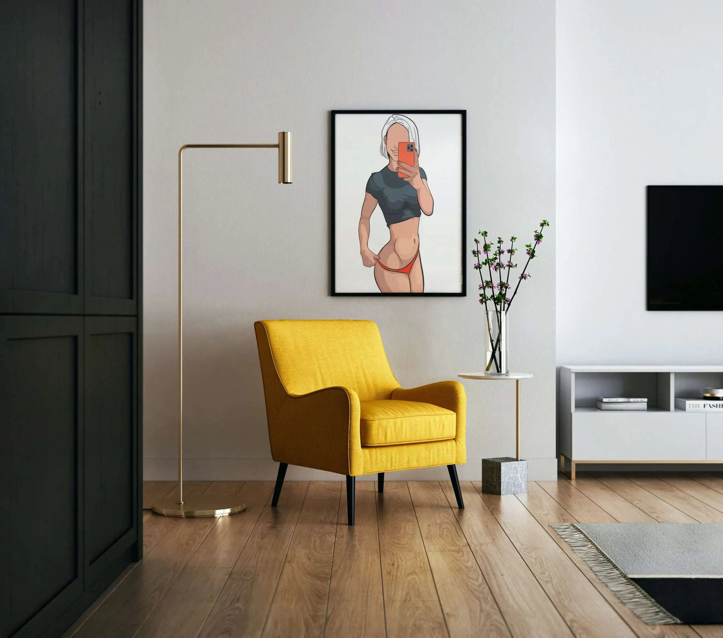 Digital artwork titled "Model 40 - Baked Art" displayed in a modern living room with a yellow chair.