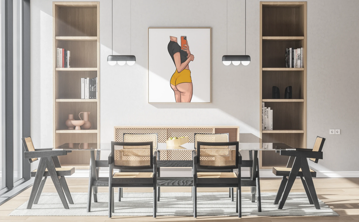 Model 42 - Baked Art digital artwork featuring vibrant colors in a modern dining room setting.