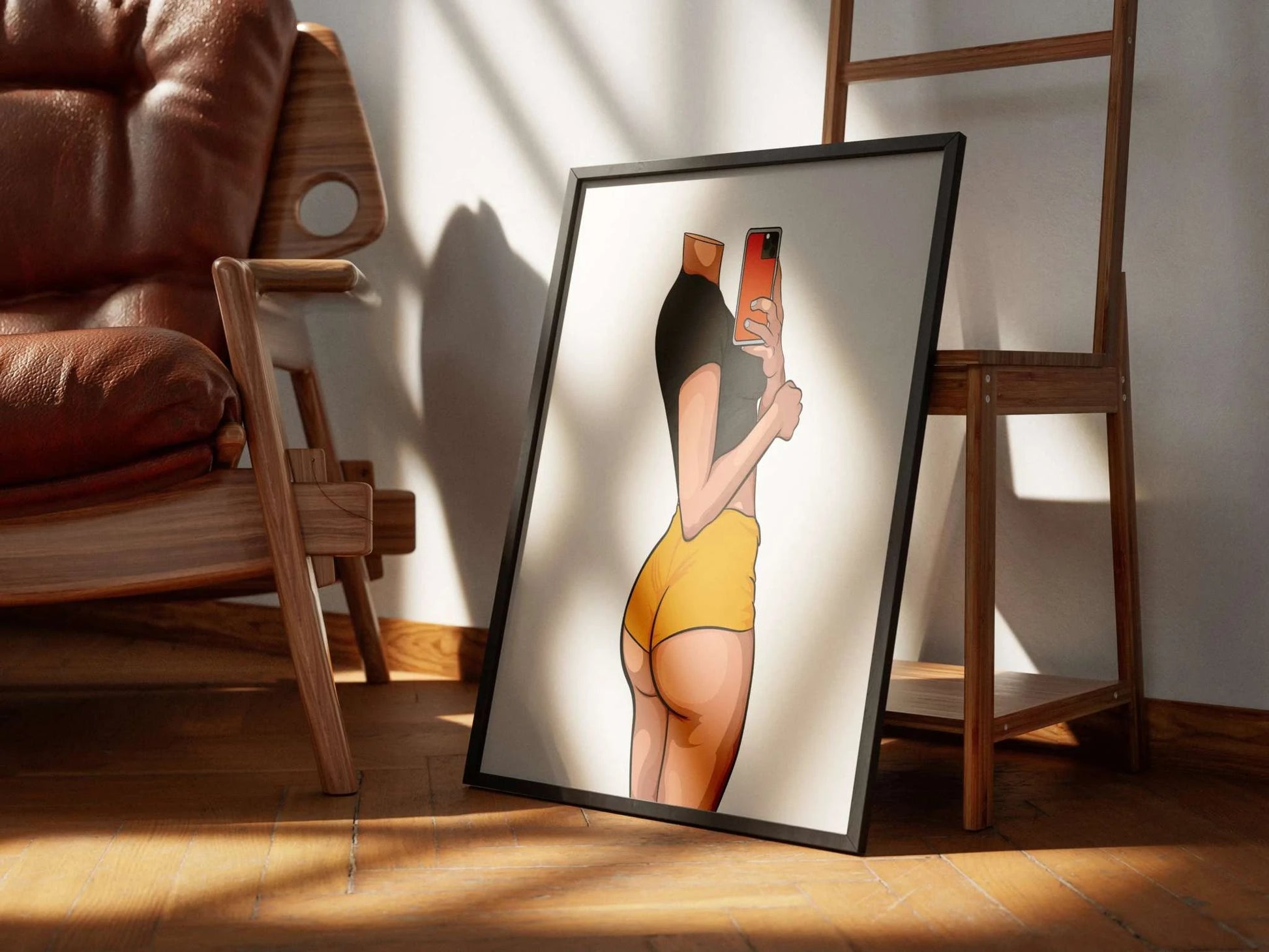Model 42 - Baked Art digital artwork framed on wooden floor displaying vibrant colors and sleek modern design.