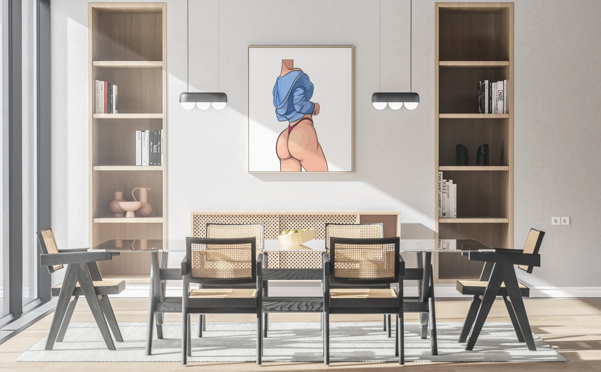 Digital artwork "Model 43 - Baked Art" displayed in modern dining room.