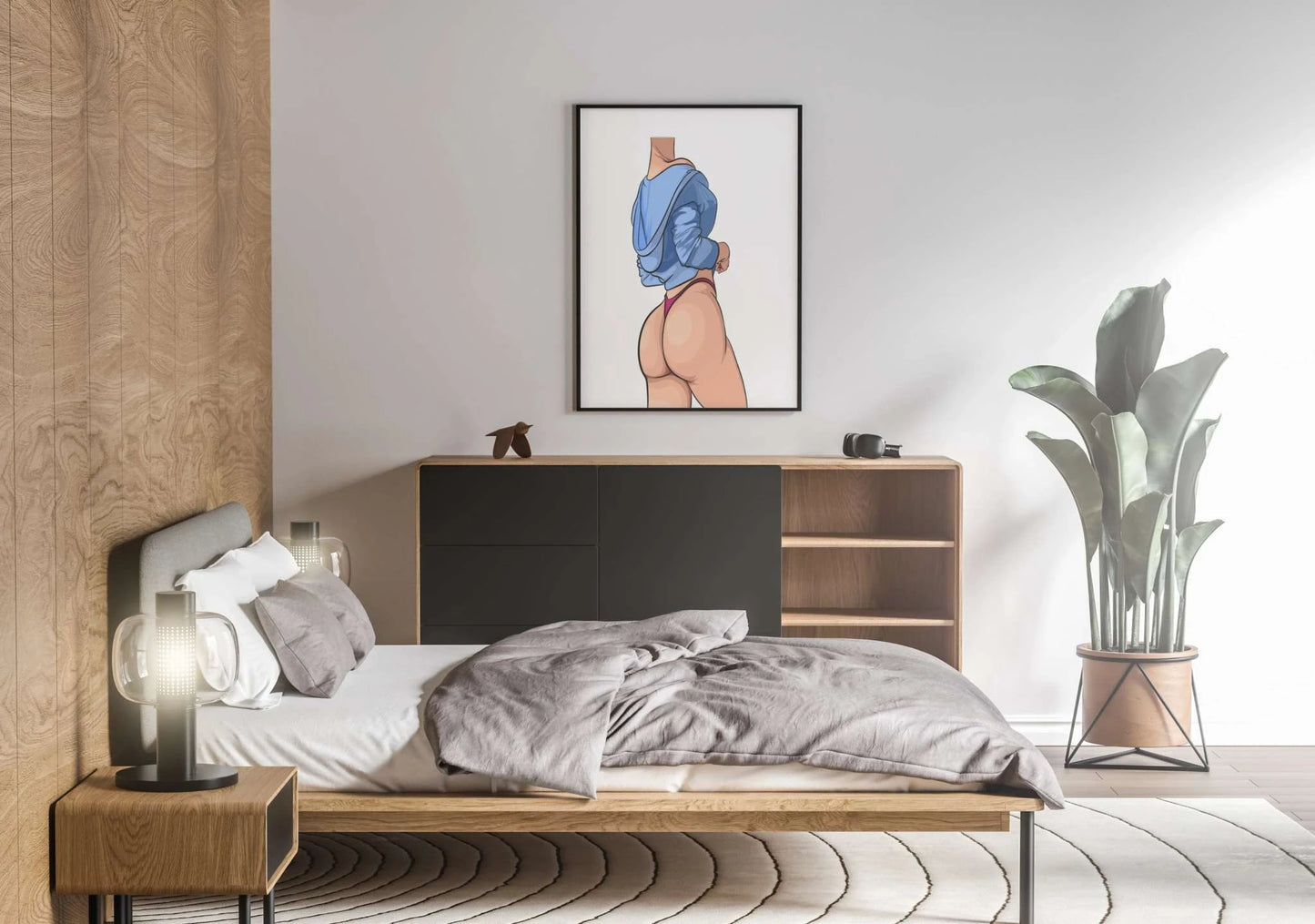 Digital artwork of Lingerie Model 43 displayed in a modern bedroom setting.
