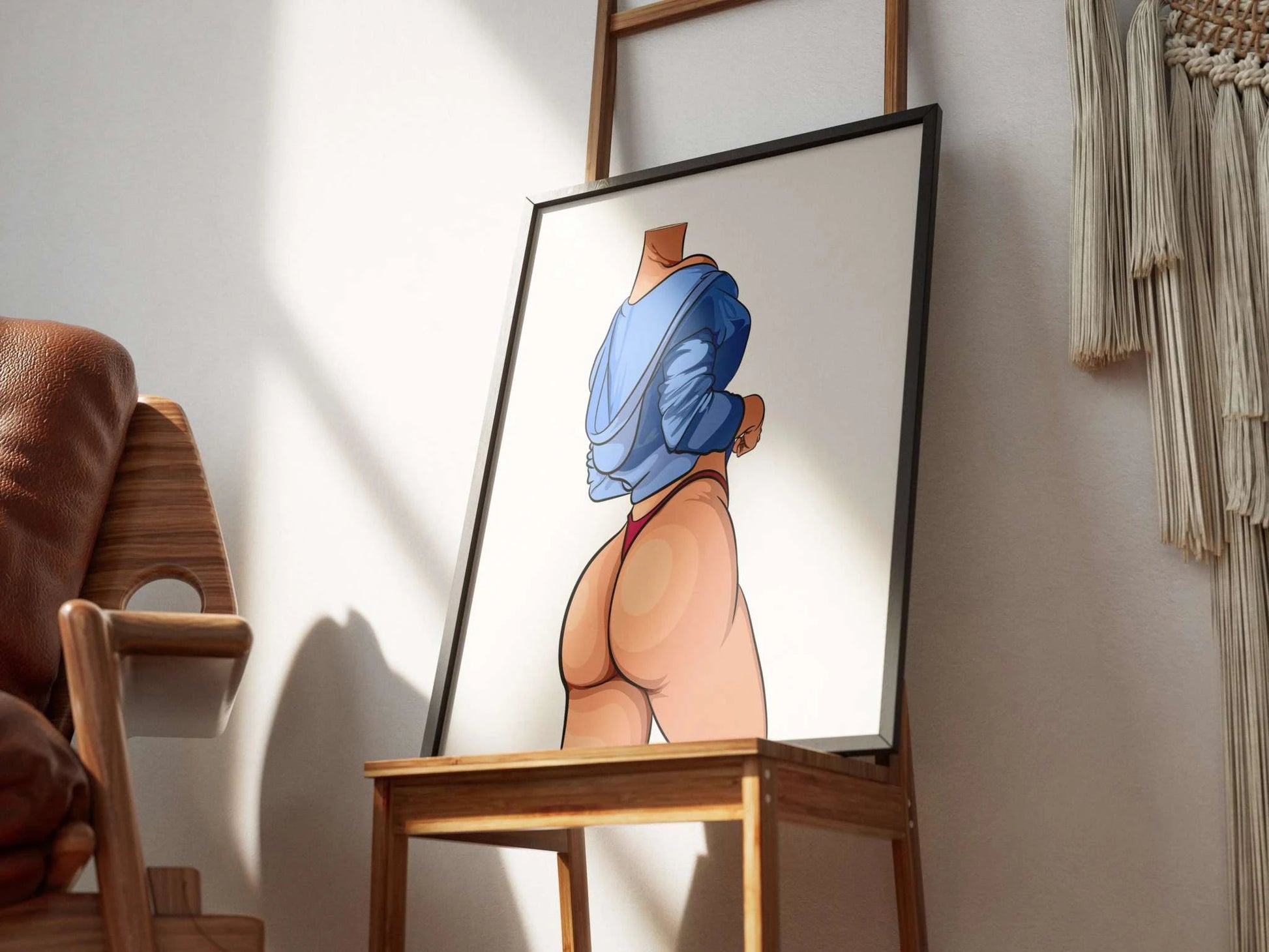 Model 43 - Baked Art digital illustration, vibrant colors, modern style, framed artwork displayed on chair.