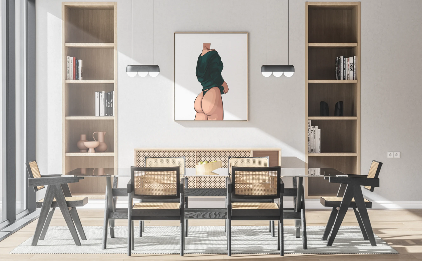 Digital art of Model 44 - Baked Art in modern dining room.