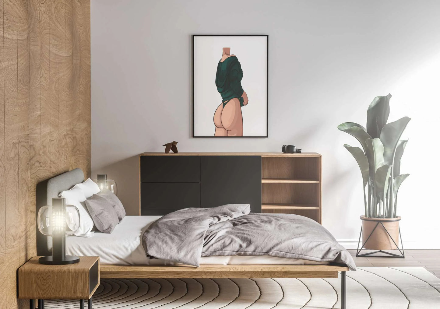 Digital art print "Model 44 - Baked Art" on modern bedroom wall, featuring bold contours and stylish design.