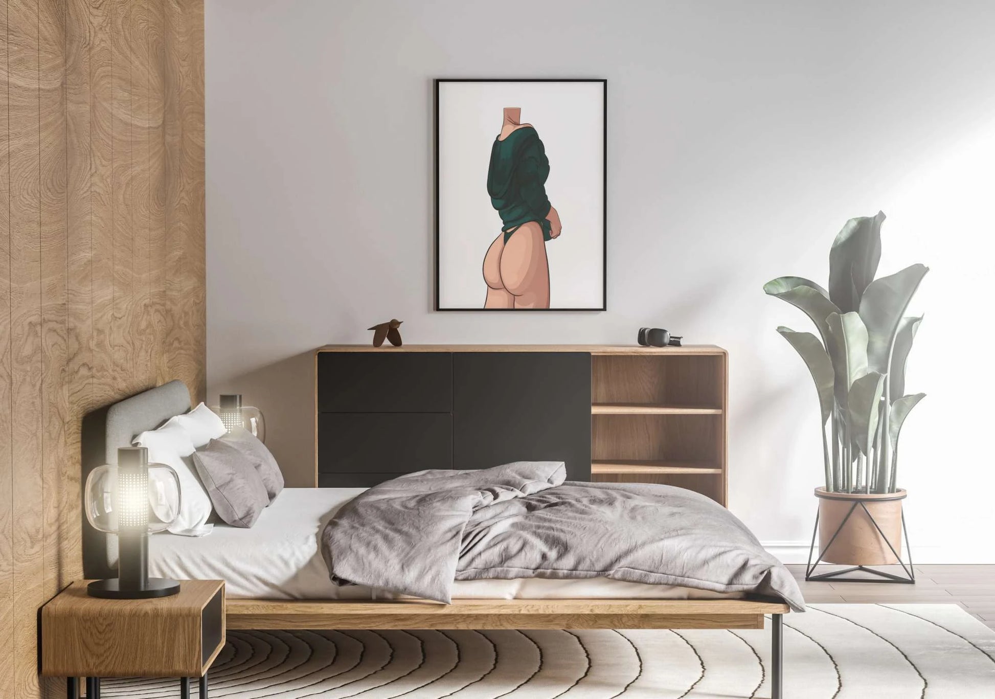 Digital art print "Model 44 - Baked Art" on modern bedroom wall, featuring bold contours and stylish design.