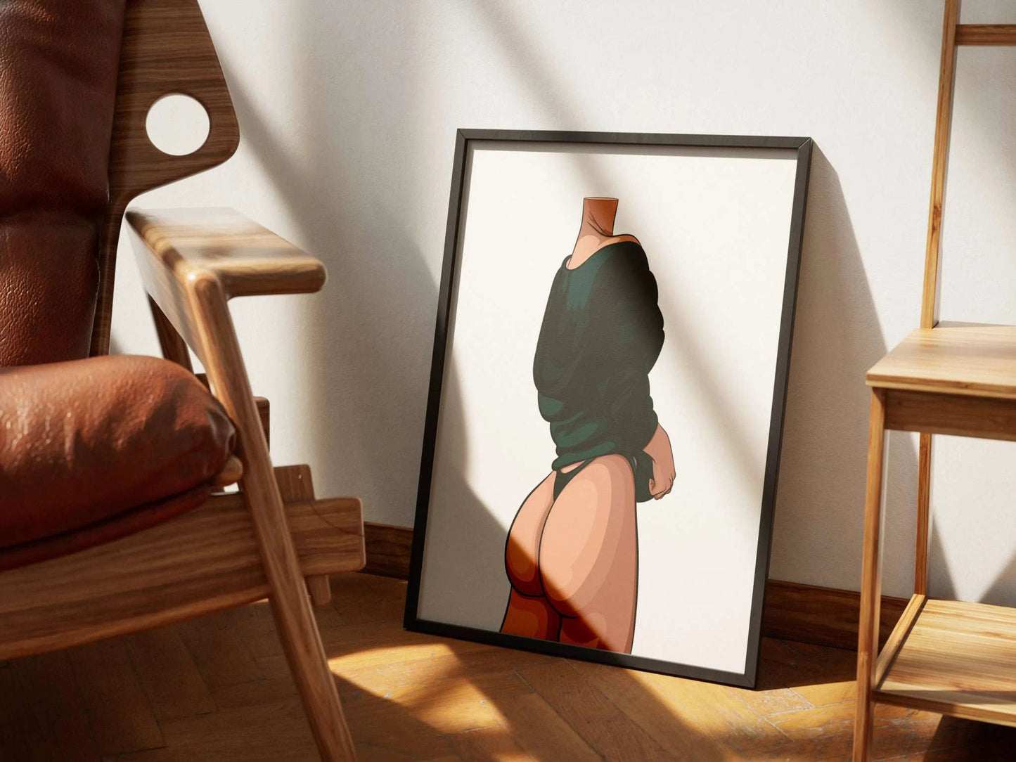Digital art print titled "Model 44 - Baked Art" featuring bold contours and modern fashion, displayed in a stylish room setting.