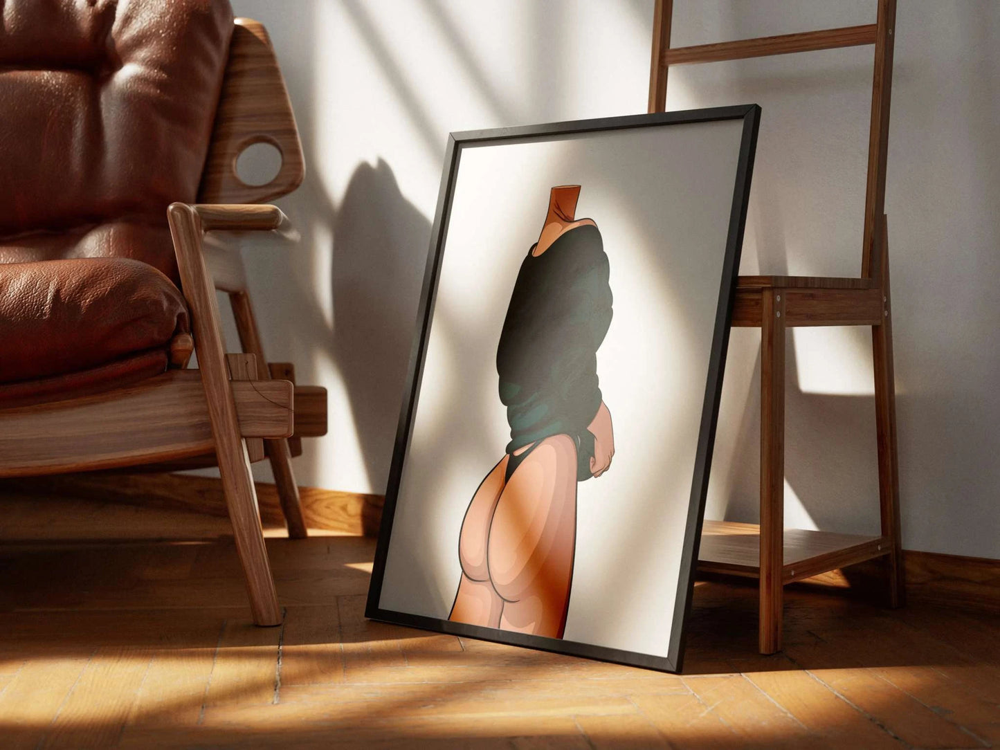 Model 44 - Baked Art digital artwork in frame on wooden floor.