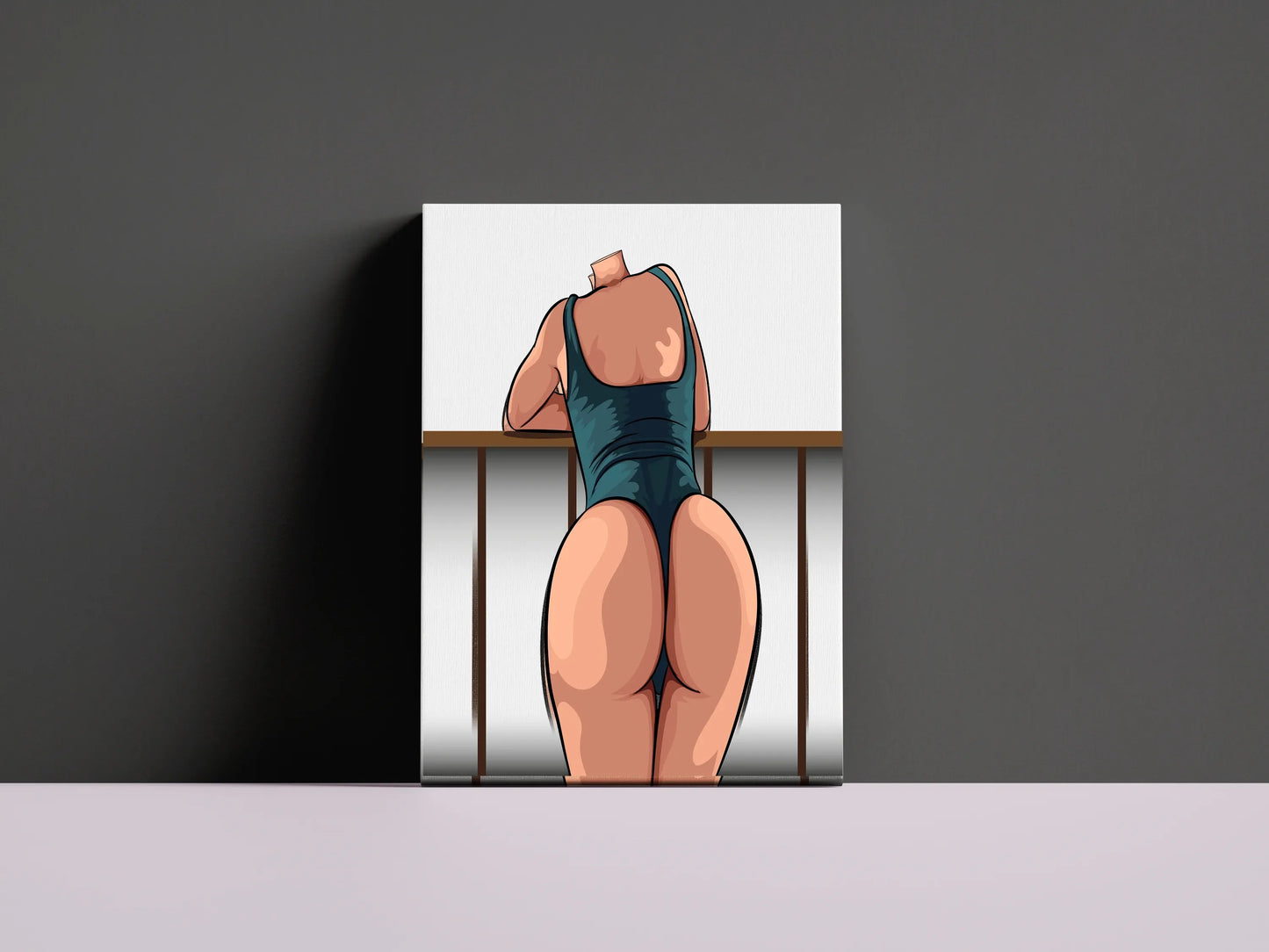 Digital artwork titled "Bikini Model 45 - Baked Art" displaying a detailed and dynamic character in sleek swimwear, showcasing shading and muscular form.