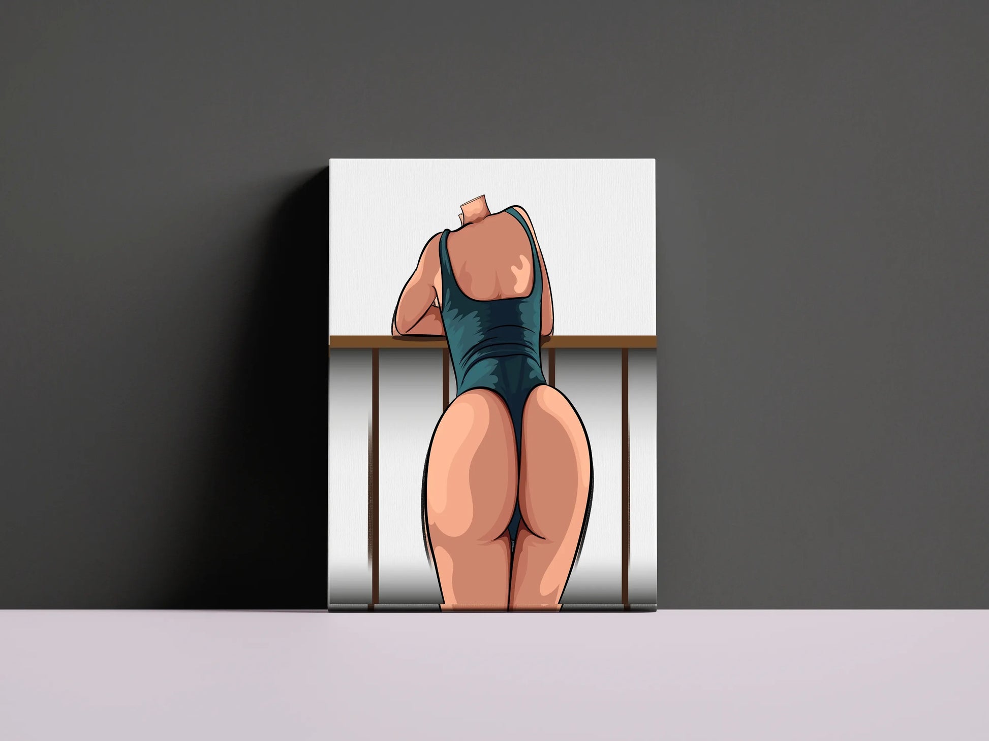 Digital artwork titled "Bikini Model 45 - Baked Art" displaying a detailed and dynamic character in sleek swimwear, showcasing shading and muscular form.
