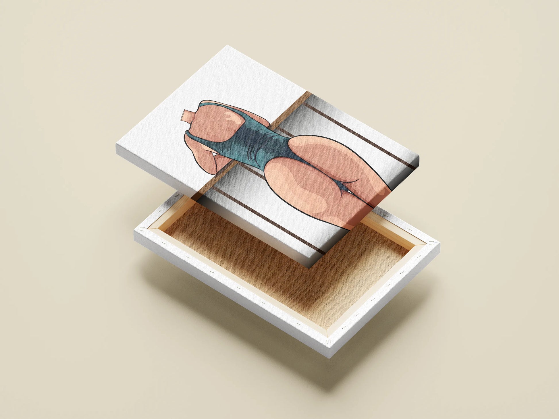 Model 45 - Baked Art digital illustration featuring dynamic character in swimwear, highlighting detailed shading and form on a canvas box.