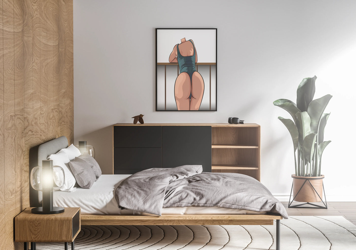 Digital artwork of 'Model 45 - Baked Art' in a modern bedroom setting, featuring bold character design and sleek swimwear.