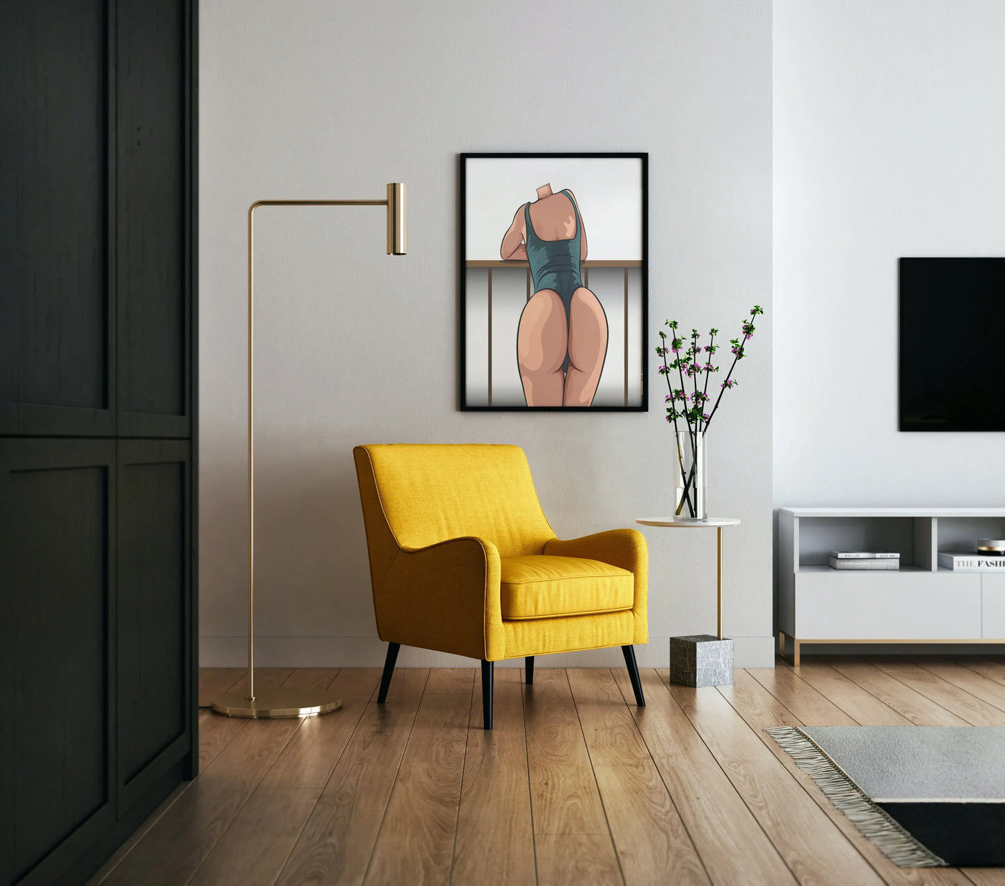 Digital art piece titled "Bikini Model 45 - Baked Art" displayed in modern living room, showcasing dynamic character with detailed shading and form.