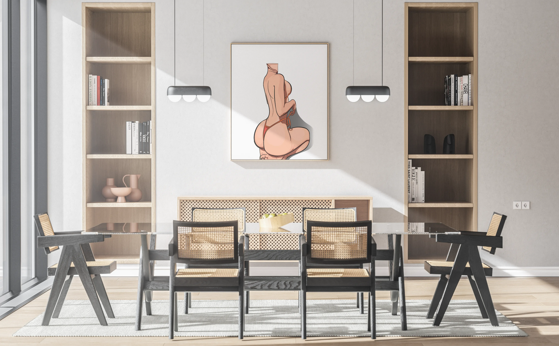 Digital art print titled "Model 46 - Baked Art" featuring a stylized character in a modern dining room.