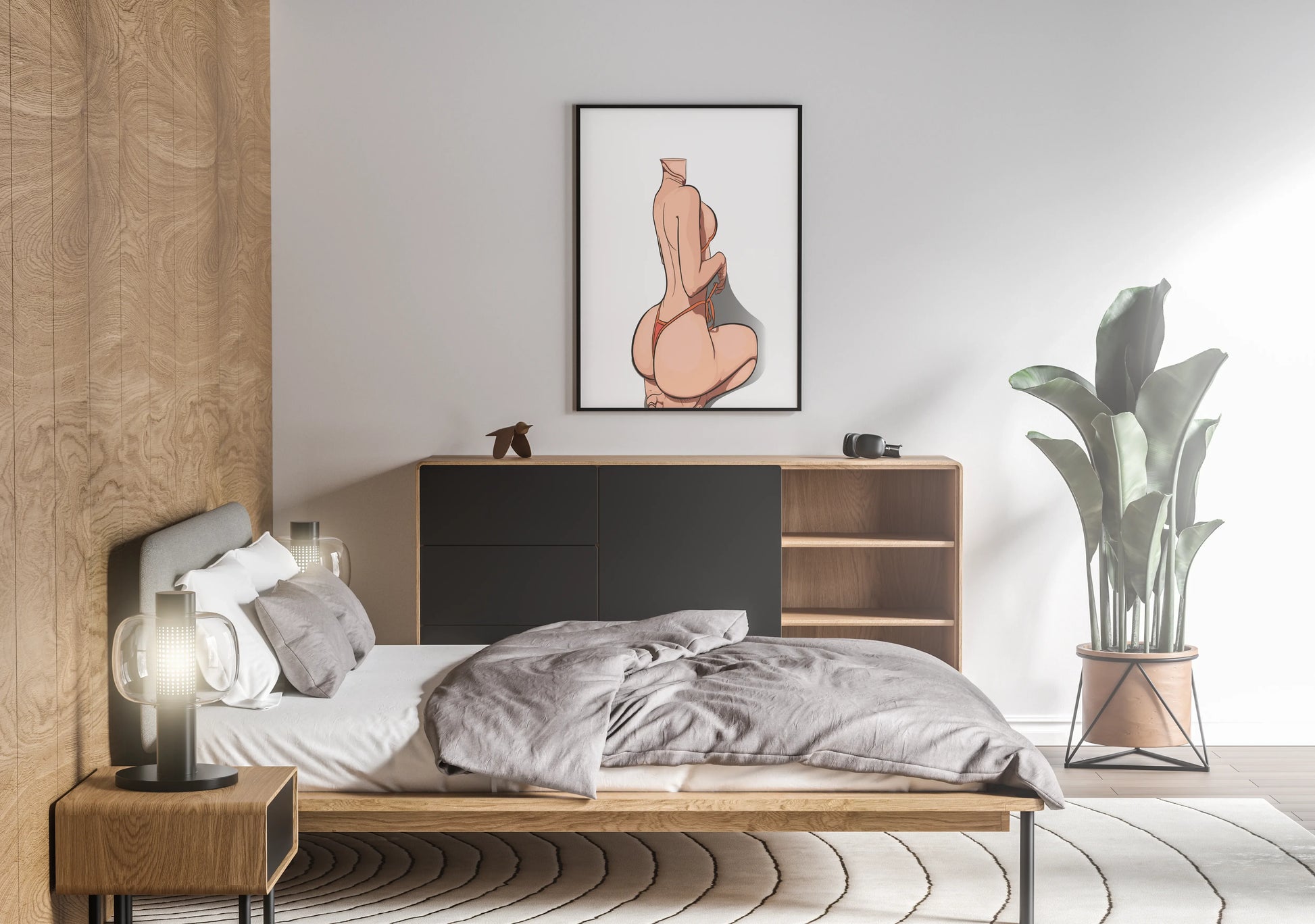 Digital art of a bold character model in dynamic pose, showcasing detailed shading and anatomy, framed in a stylish bedroom setting.