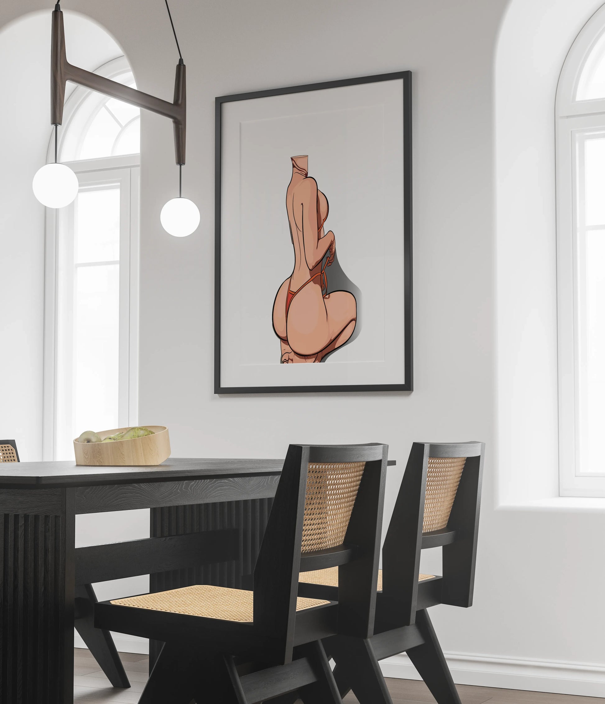 Bikini Model 46 - Digitalized Arts Baked Art framed illustration in modern dining room.