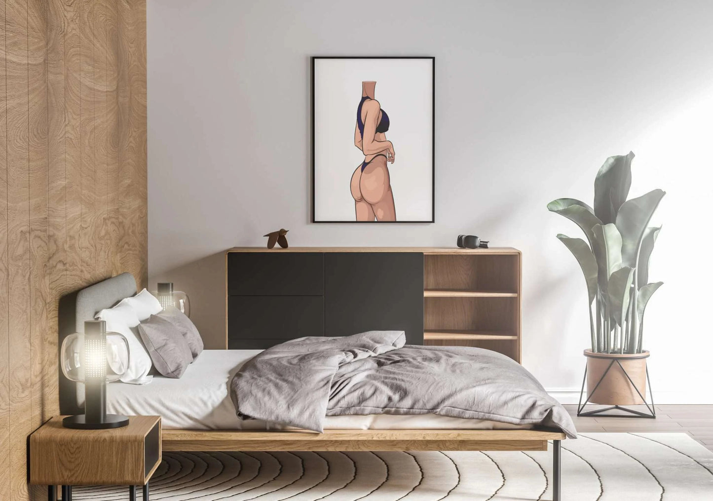 Digital artwork of Lingerie Model 47 in room setting, showcasing bold character pose with detailed shading and minimalistic design.