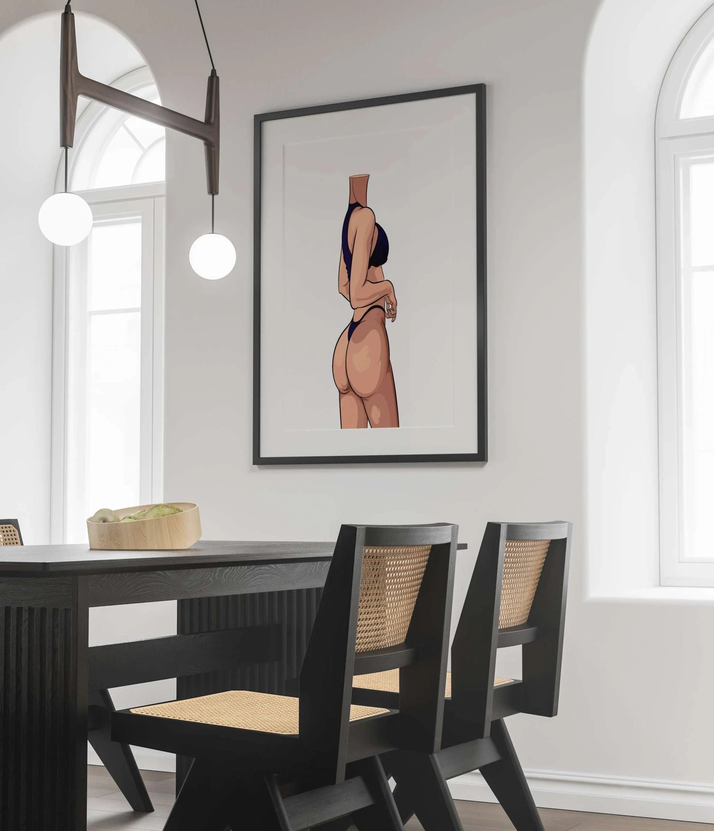 Model 47 digital art print displayed on a wall in a modern dining room.