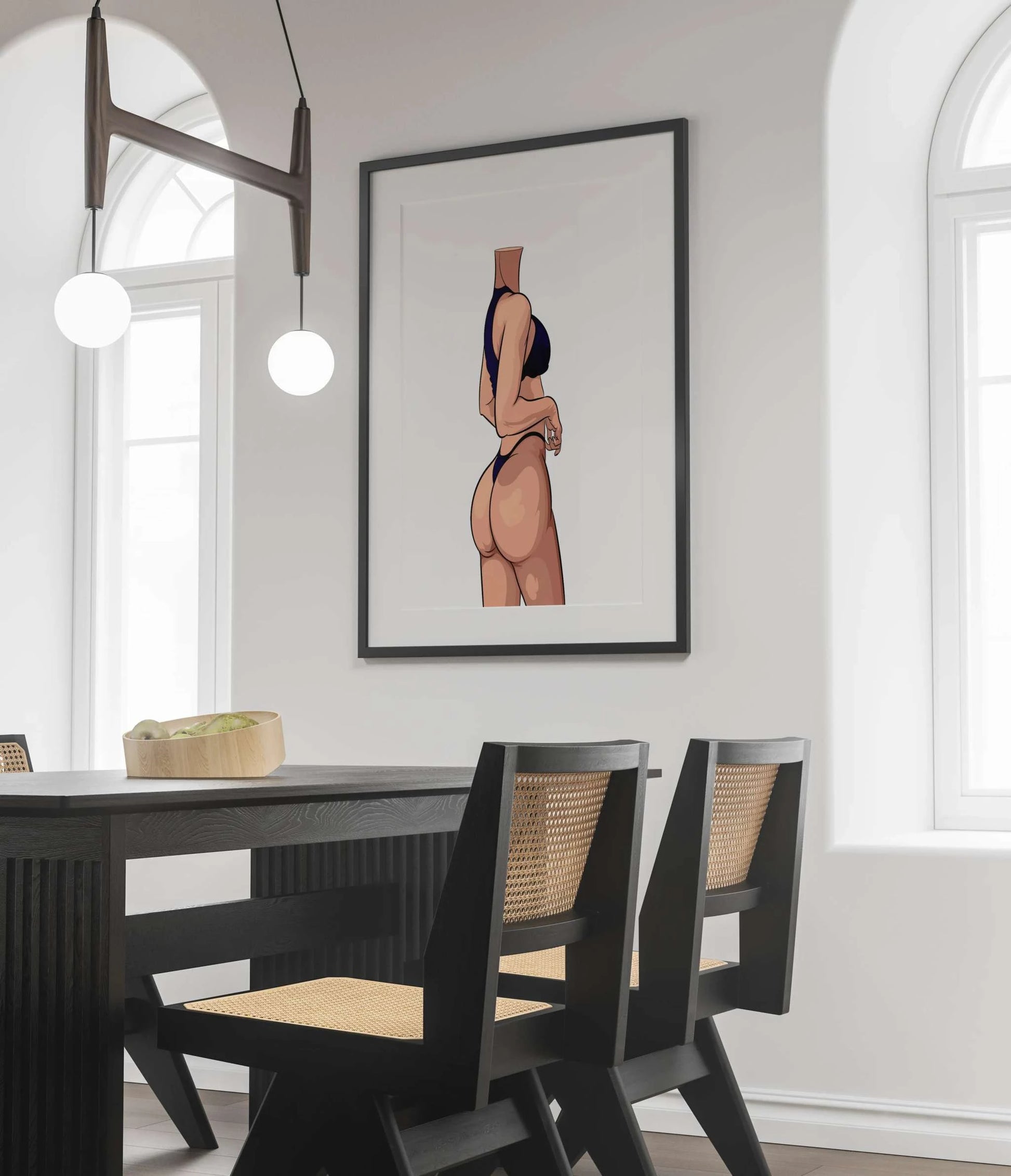 Model 47 digital art print displayed on a wall in a modern dining room.