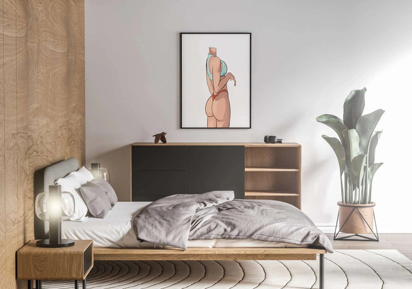 Dynamic digital art of a sleek character model in vibrant colors, displayed in a modern bedroom setting.