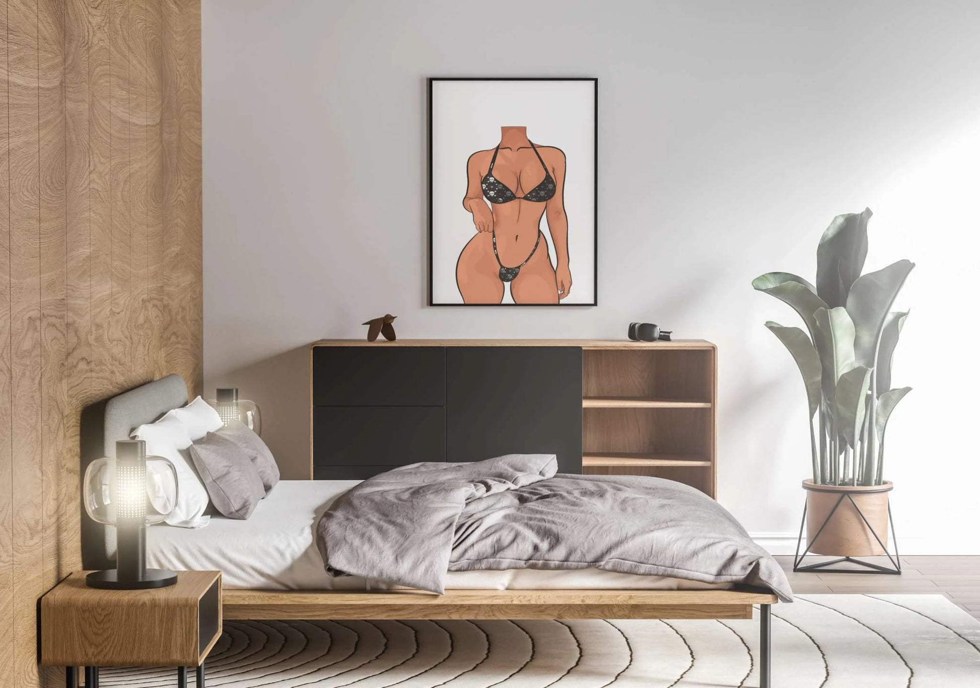 Digital art print titled "Bikini Model 4 - Digitalized Arts Baked Art" on a bedroom wall.