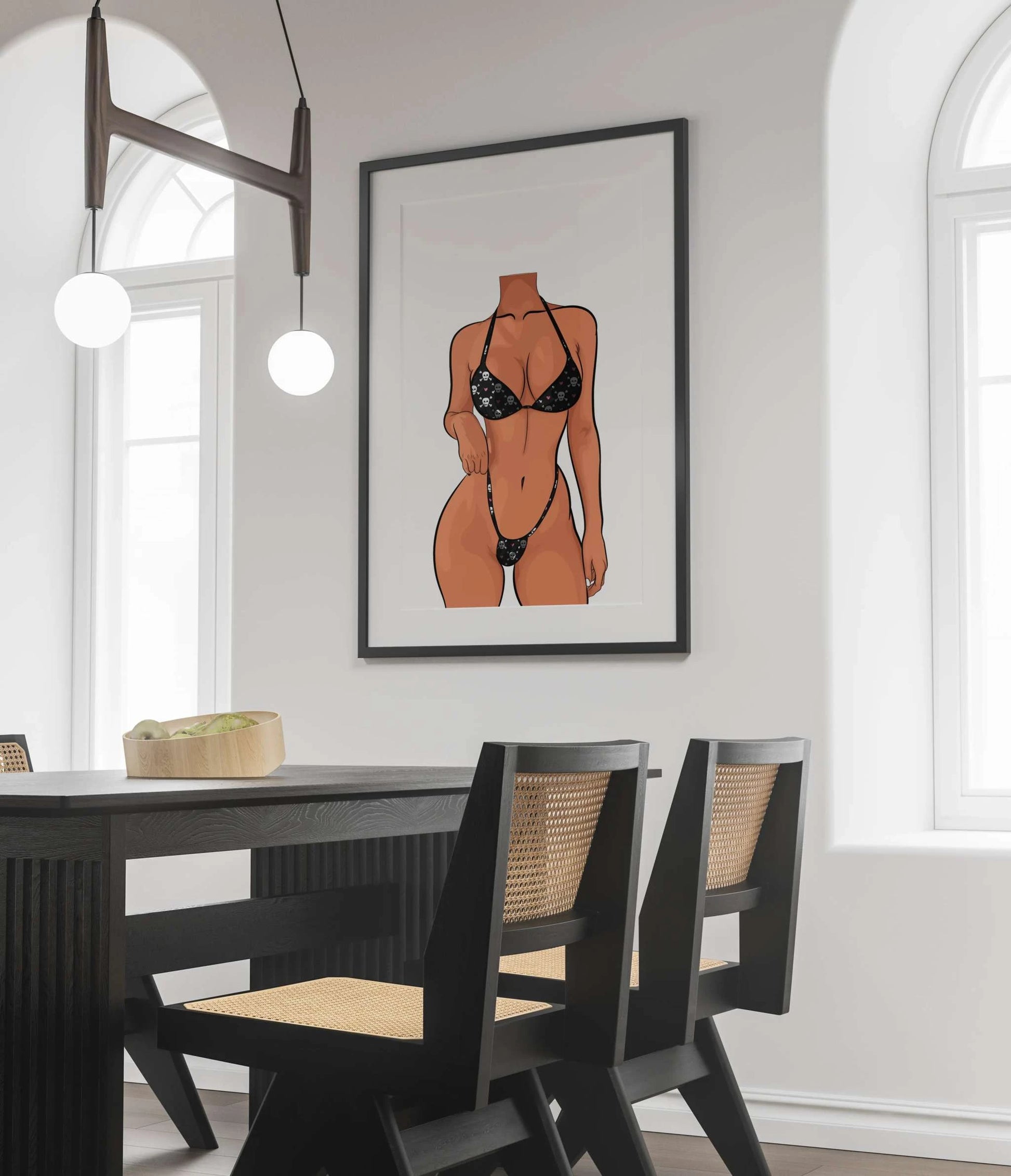 Digital art of a bikini model displayed in modern dining room, featuring realistic anatomy and intricate details, titled "Model 4 - Baked Art".