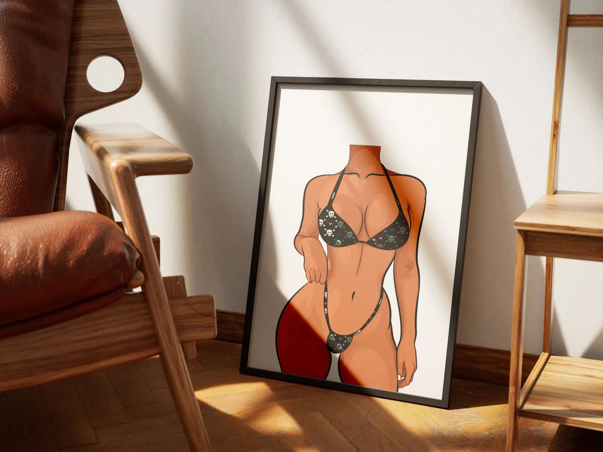 Digital art of a bikini model displayed in a frame, featuring intricate anatomy and detailed design, ideal for creative projects.