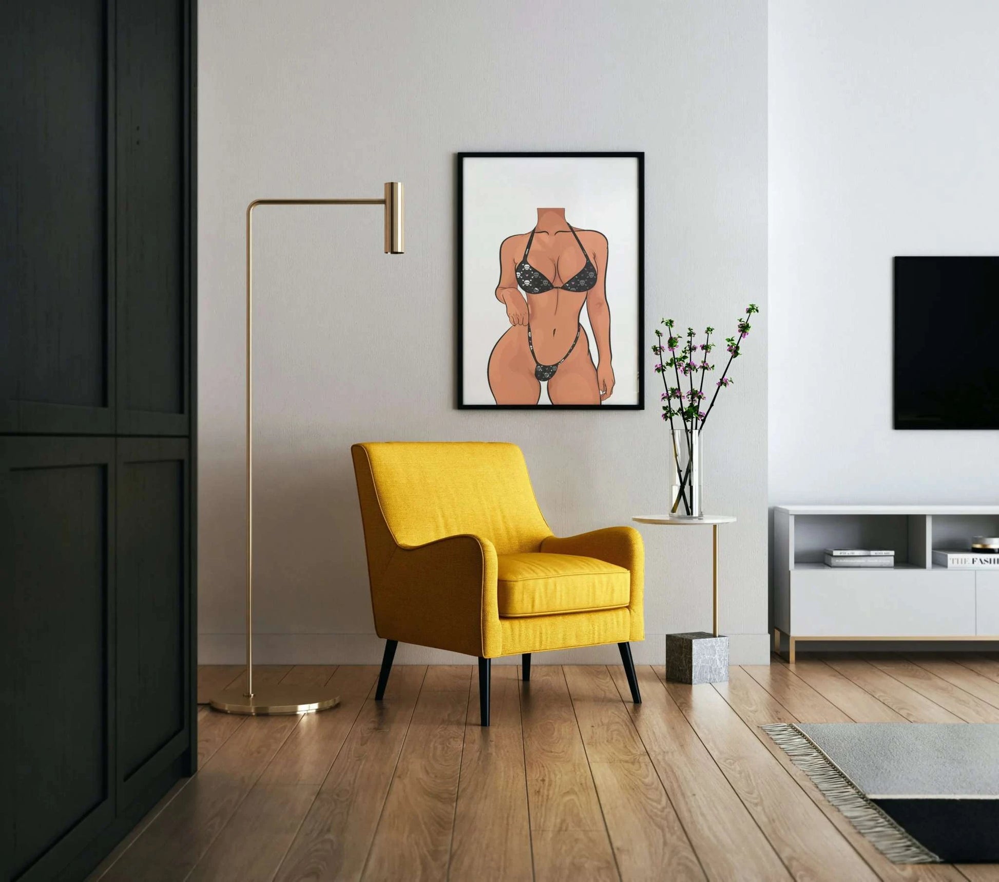Digital art of a bikini model with realistic anatomy displayed in a modern living room setting.