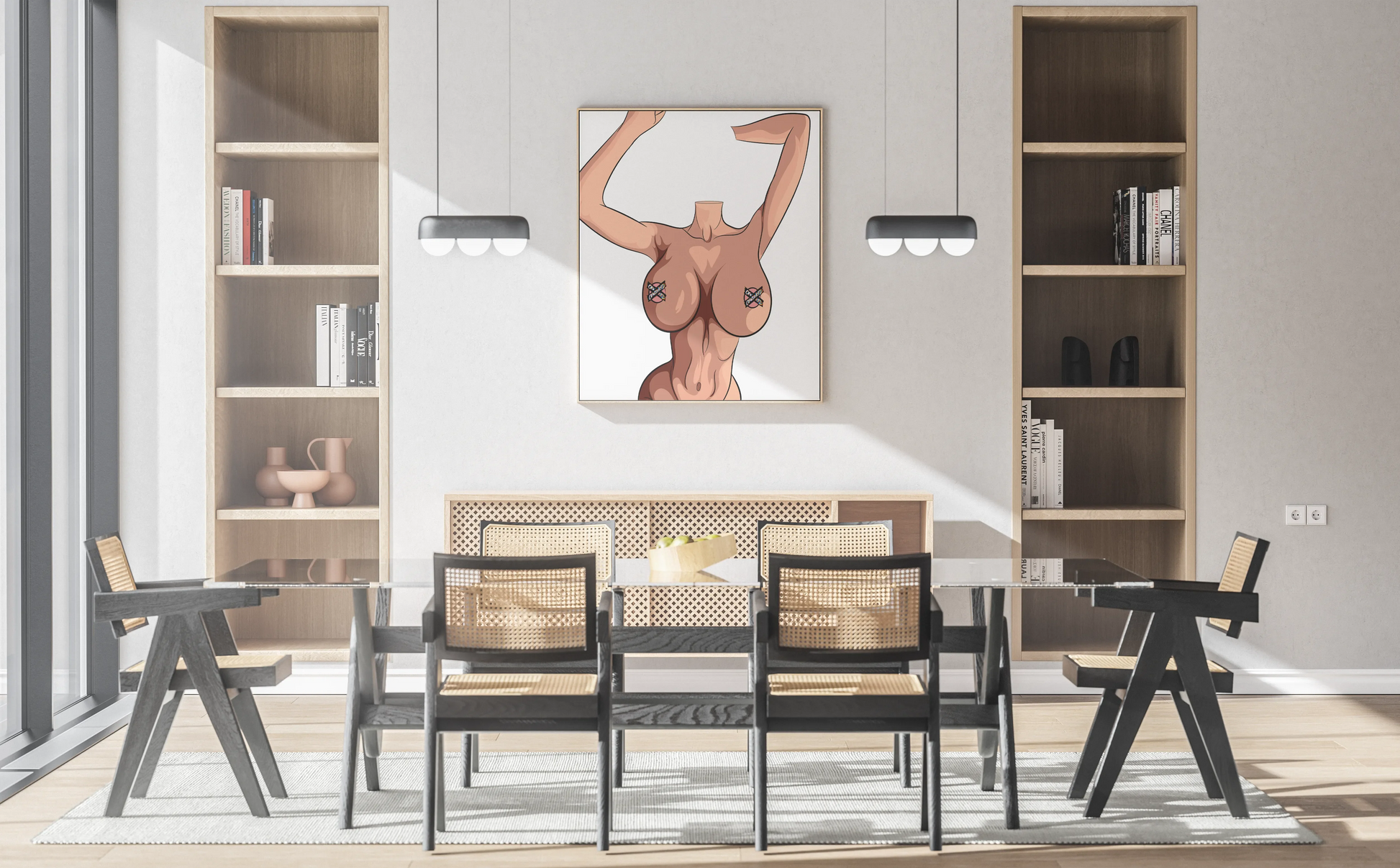 Sensual female silhouette art print in modern dining room, Model 50 - Baked Art.