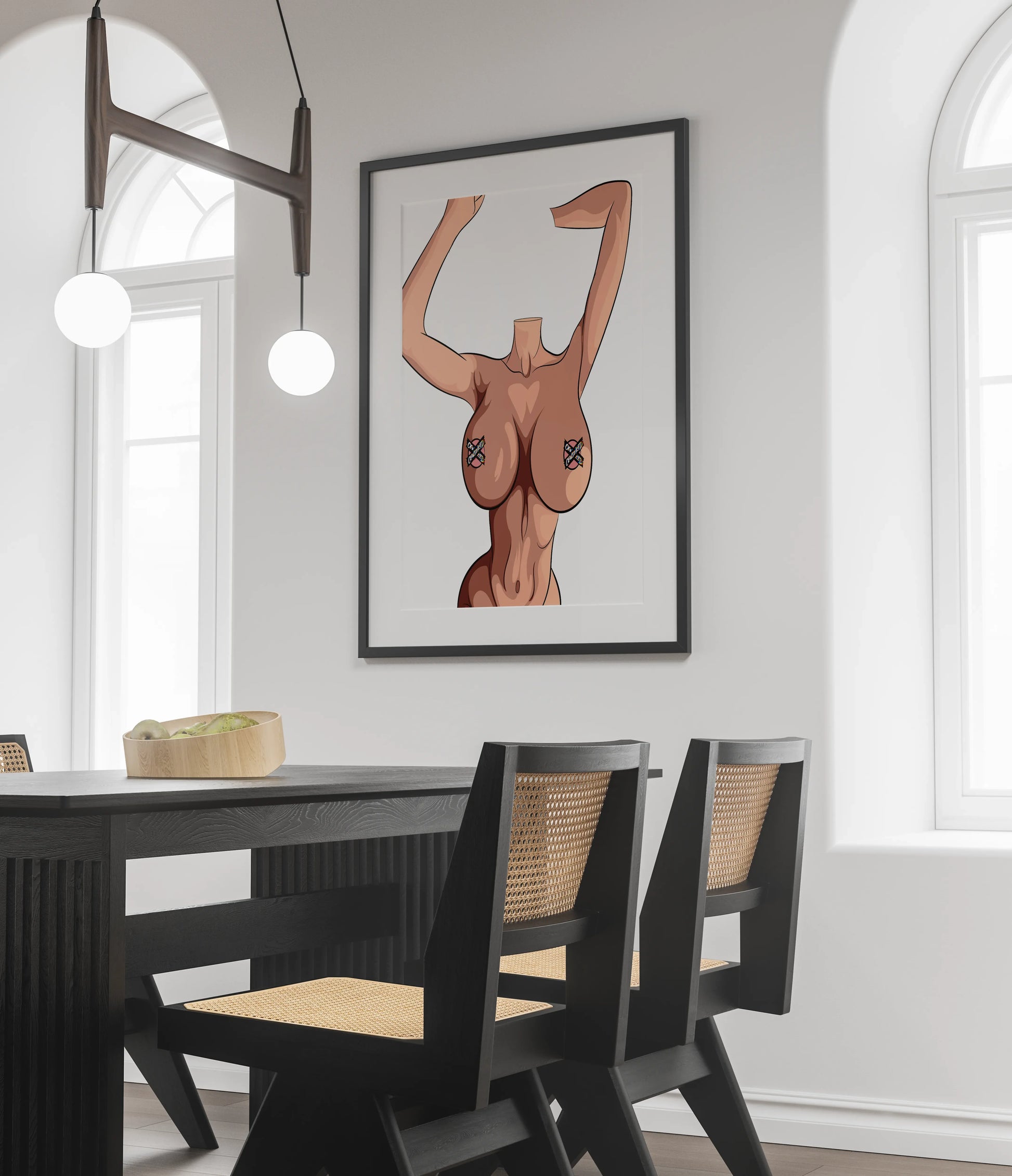 NSFW Model 50 art print featuring a customizable, headless female silhouette in a modern dining room.