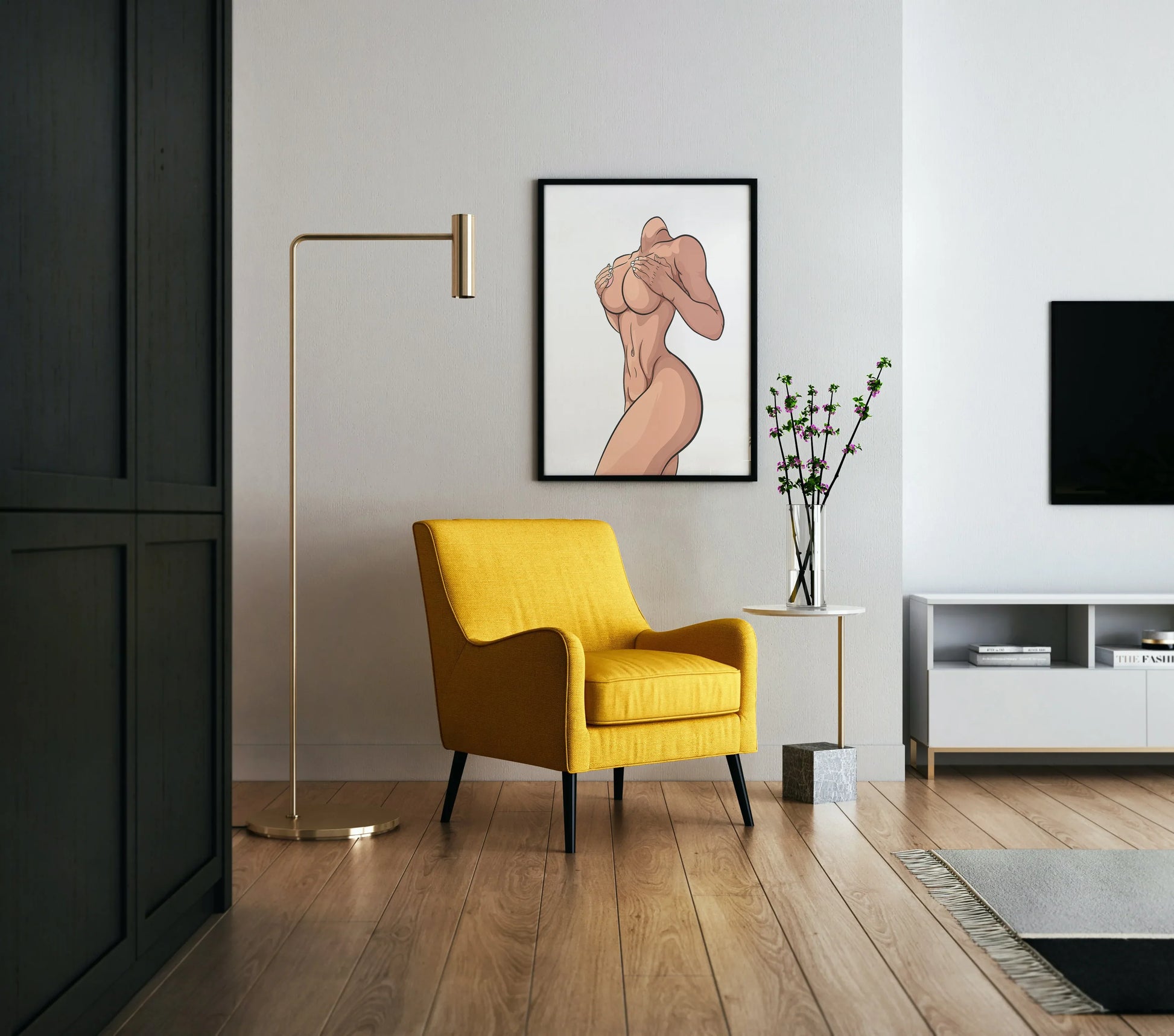 Artistic digital figure 'Model 52 - Baked Art' displayed in a modern living room.