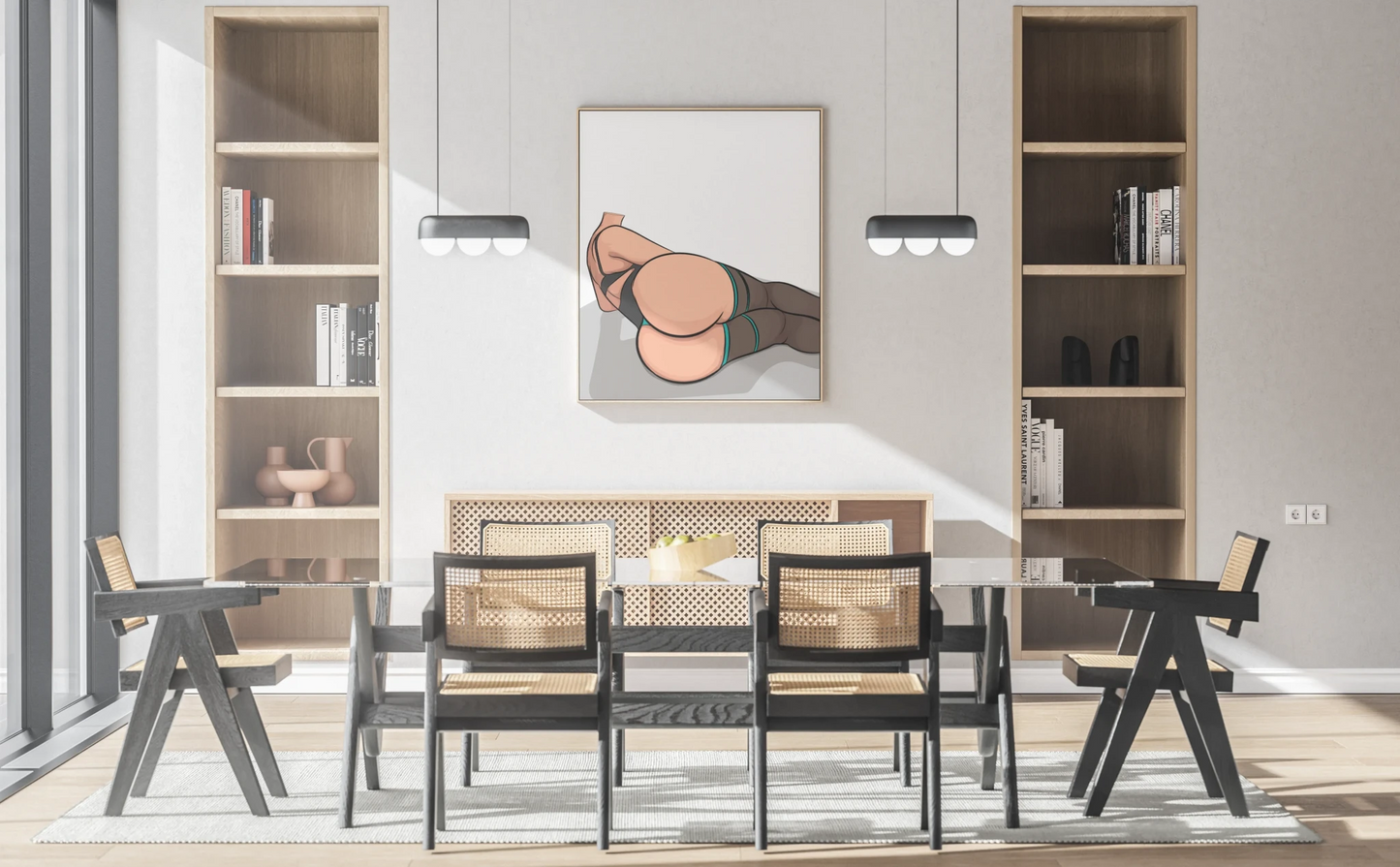 Digital artwork "Lingerie Model 55" displayed in a modern dining room setting.