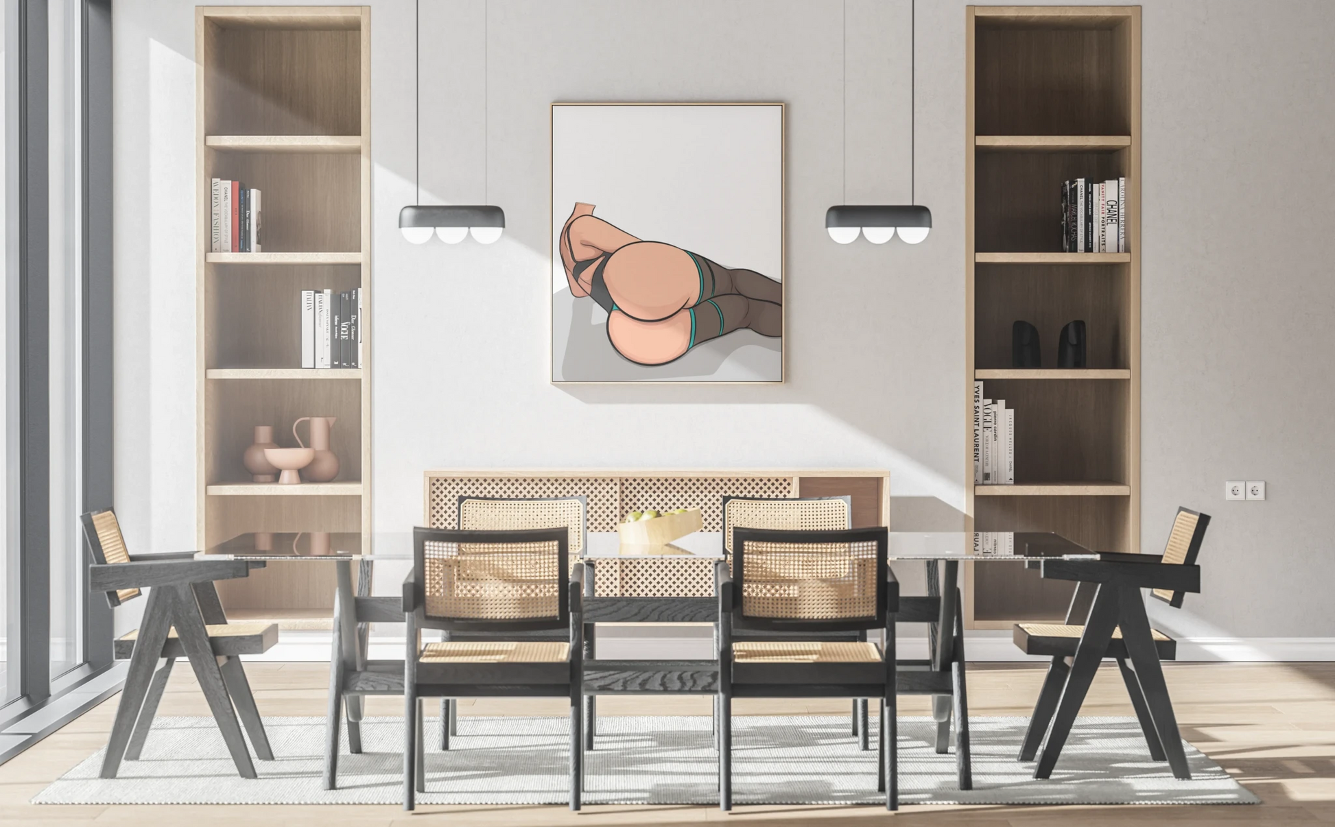 Digital artwork "Lingerie Model 55" displayed in a modern dining room setting.