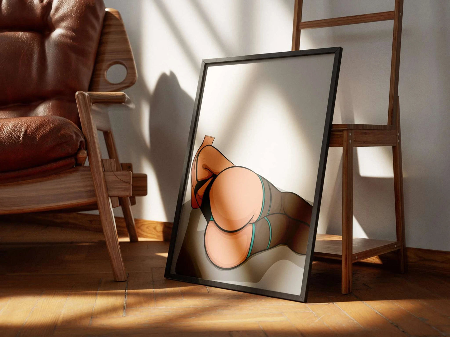 Digital artwork of Lingerie Model 55 in a curvy pose, featuring bold shading and clean lines, ideal for design projects or as a collectible piece.