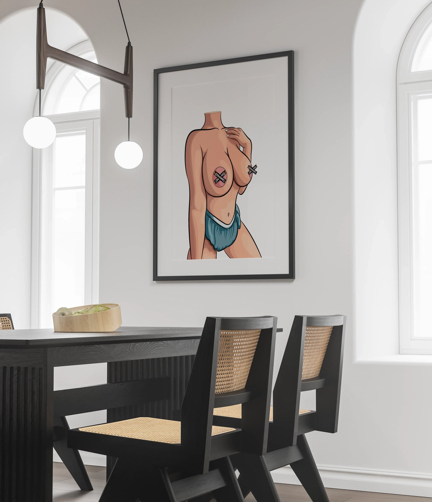 Model 56 Baked Art - Graceful Motion, elegant female silhouette art in modern dining room.