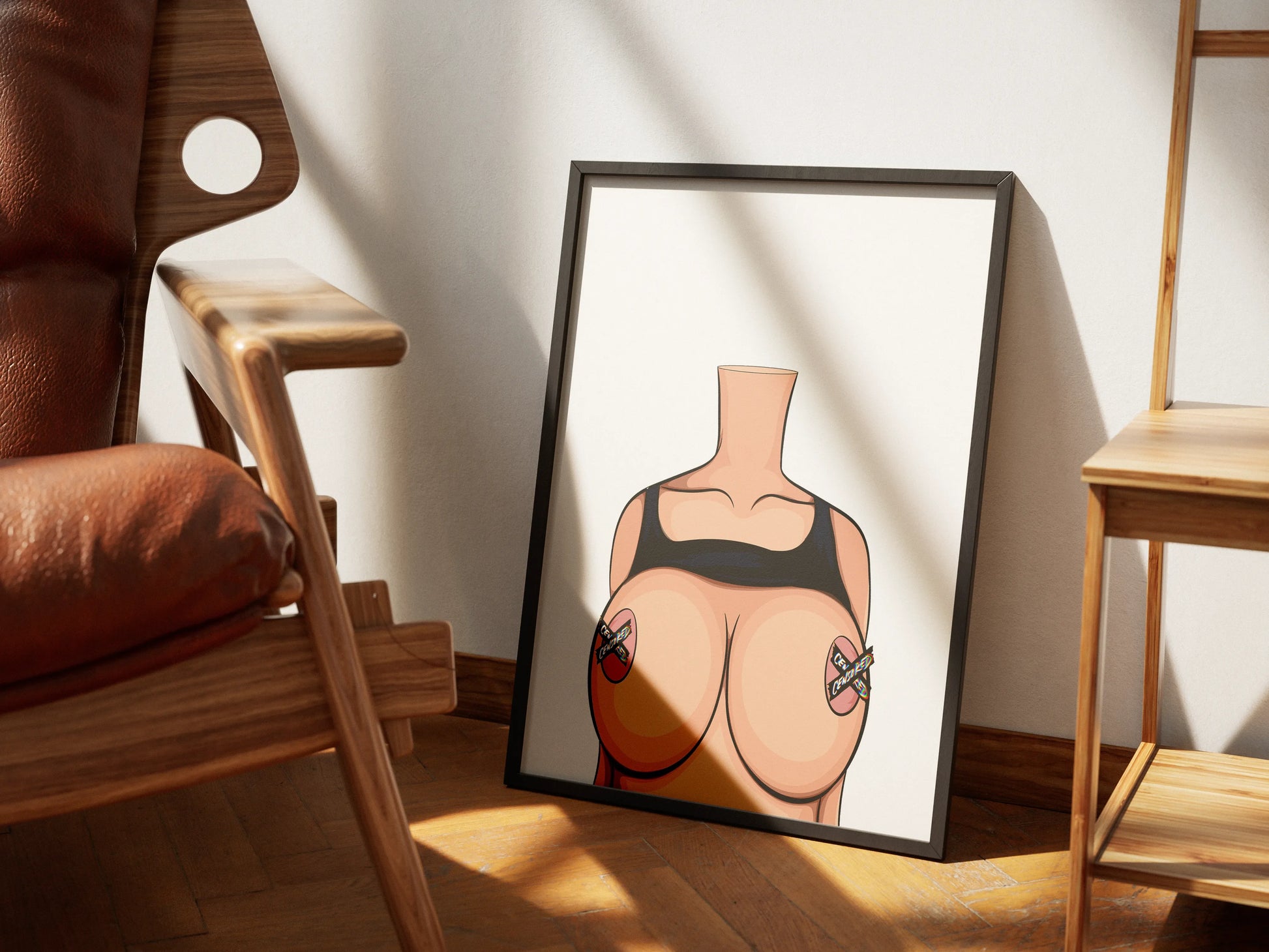 Model 57 - Feminine Strength digital art framed on floor in sunlight.