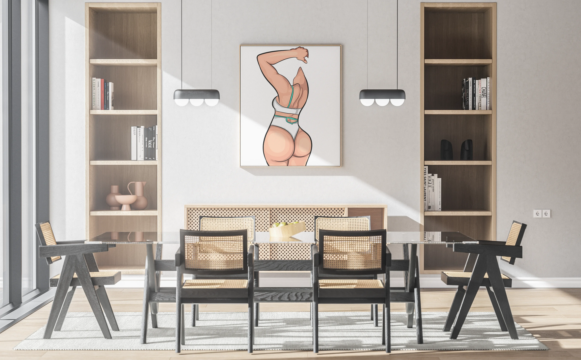 Digital artwork titled "Bikini Model 59 - Baked Art" displayed in modern dining room, featuring bold and striking figure illustration.