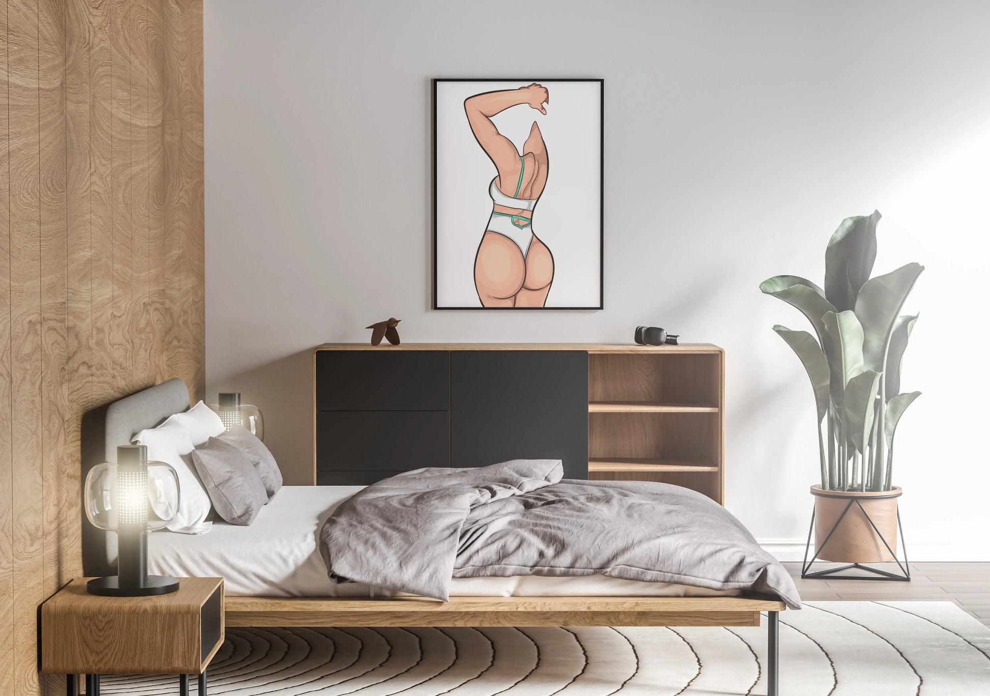Bikini Model 59 digital artwork in modern bedroom setting, featuring bold, striking figure.