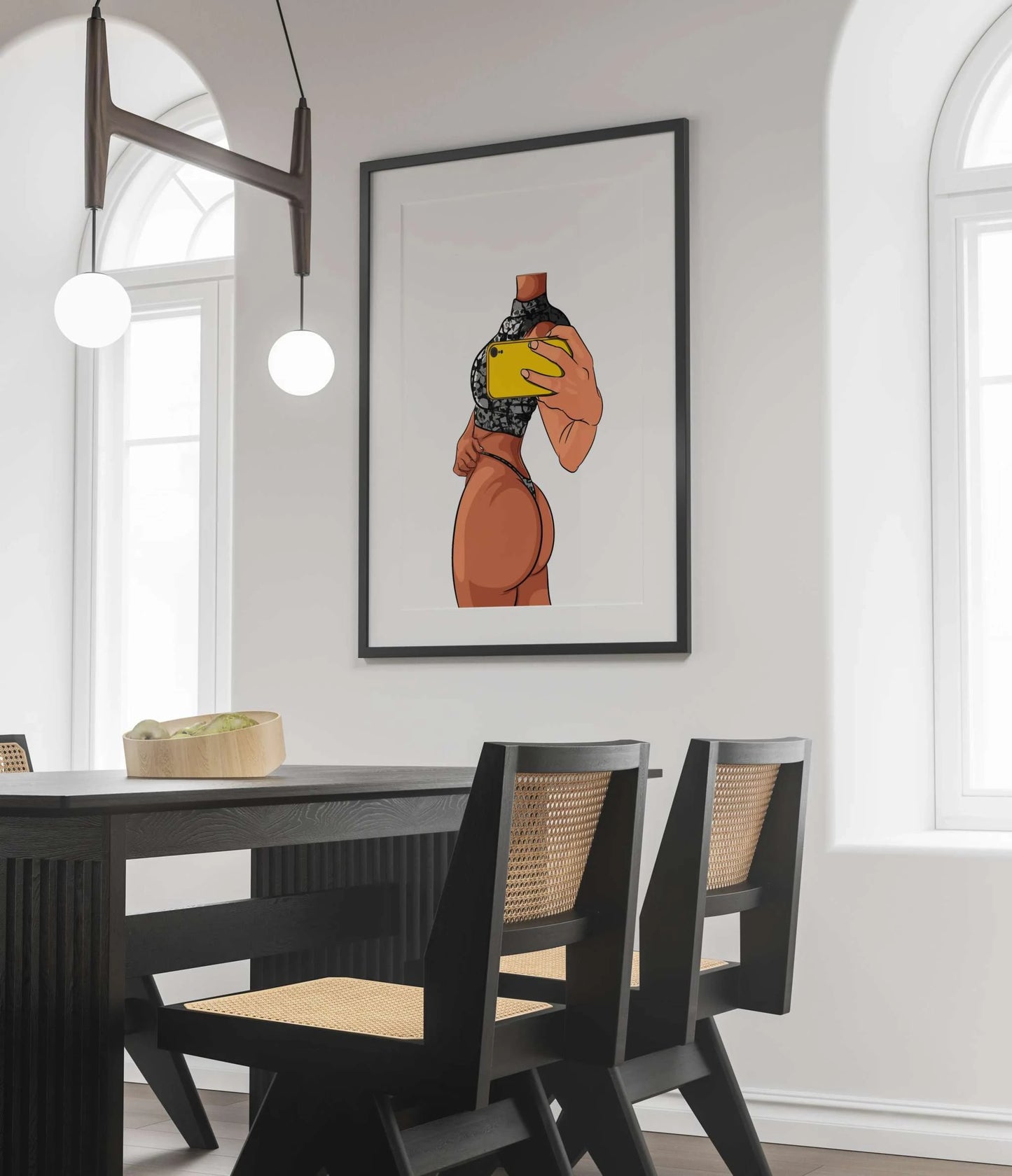 Elegant art display featuring "Lingerie Model 5" in a modern dining area; the digital art showcases intricate fabric textures and realistic anatomy, adding sophistication to the decor.