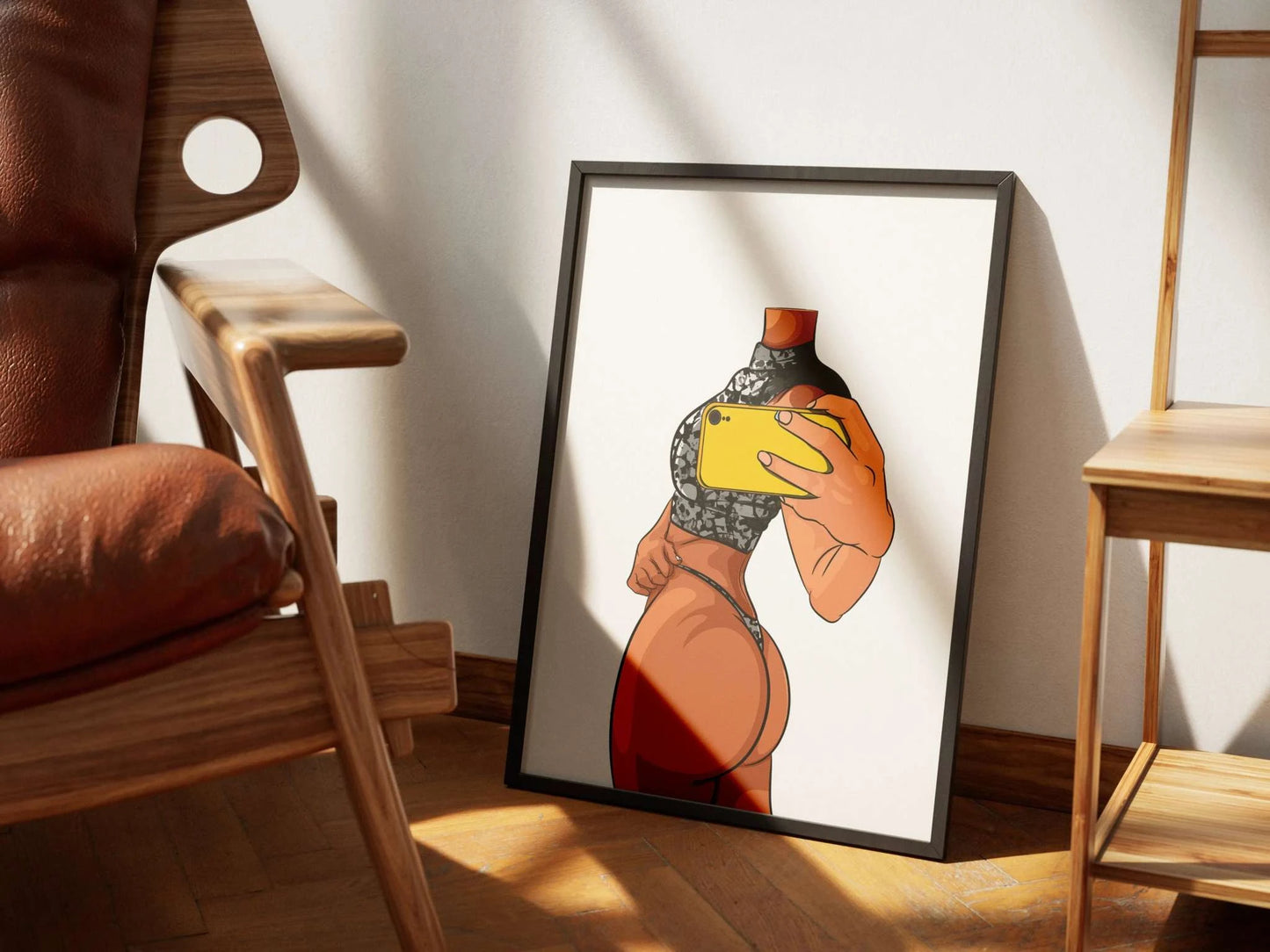 Digitalized Arts Lingerie Model 5 framed print displaying intricate fabric textures and refined proportions, emphasized in a sunlit room.