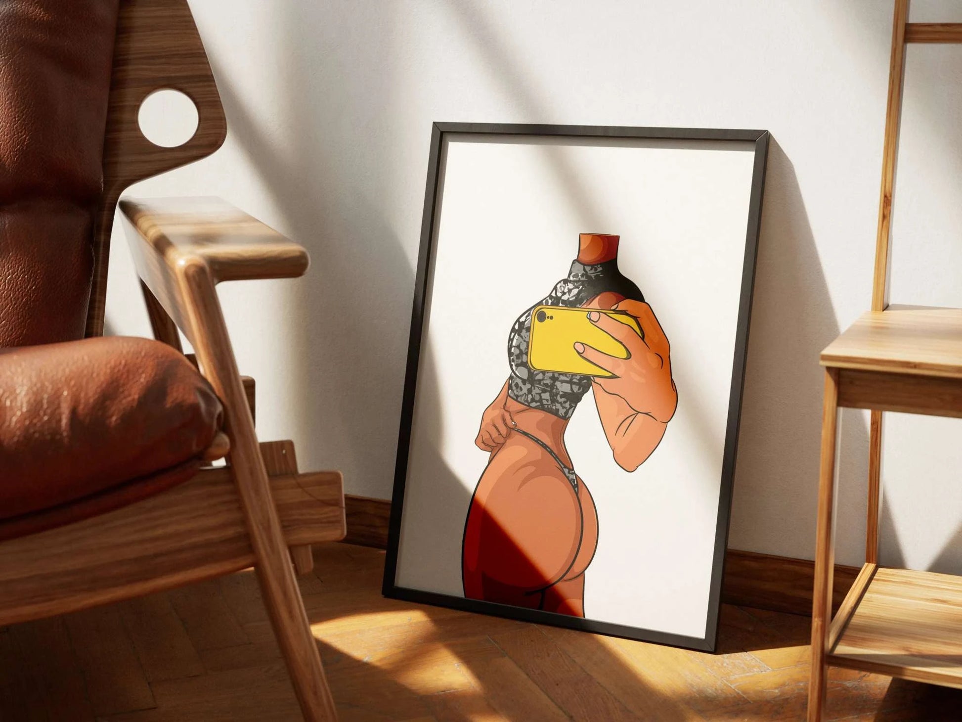 Digitalized Arts Lingerie Model 5 framed print displaying intricate fabric textures and refined proportions, emphasized in a sunlit room.