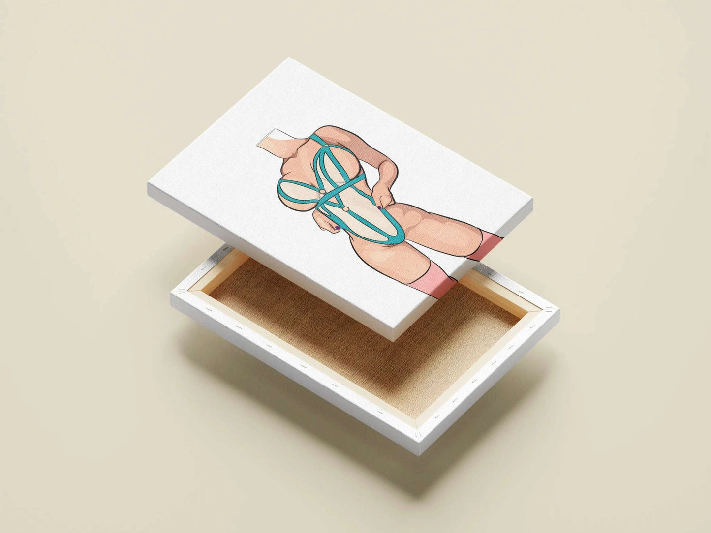Digital art of a lingerie model on a canvas box, showcasing Baked Art - Model 62 design for download.