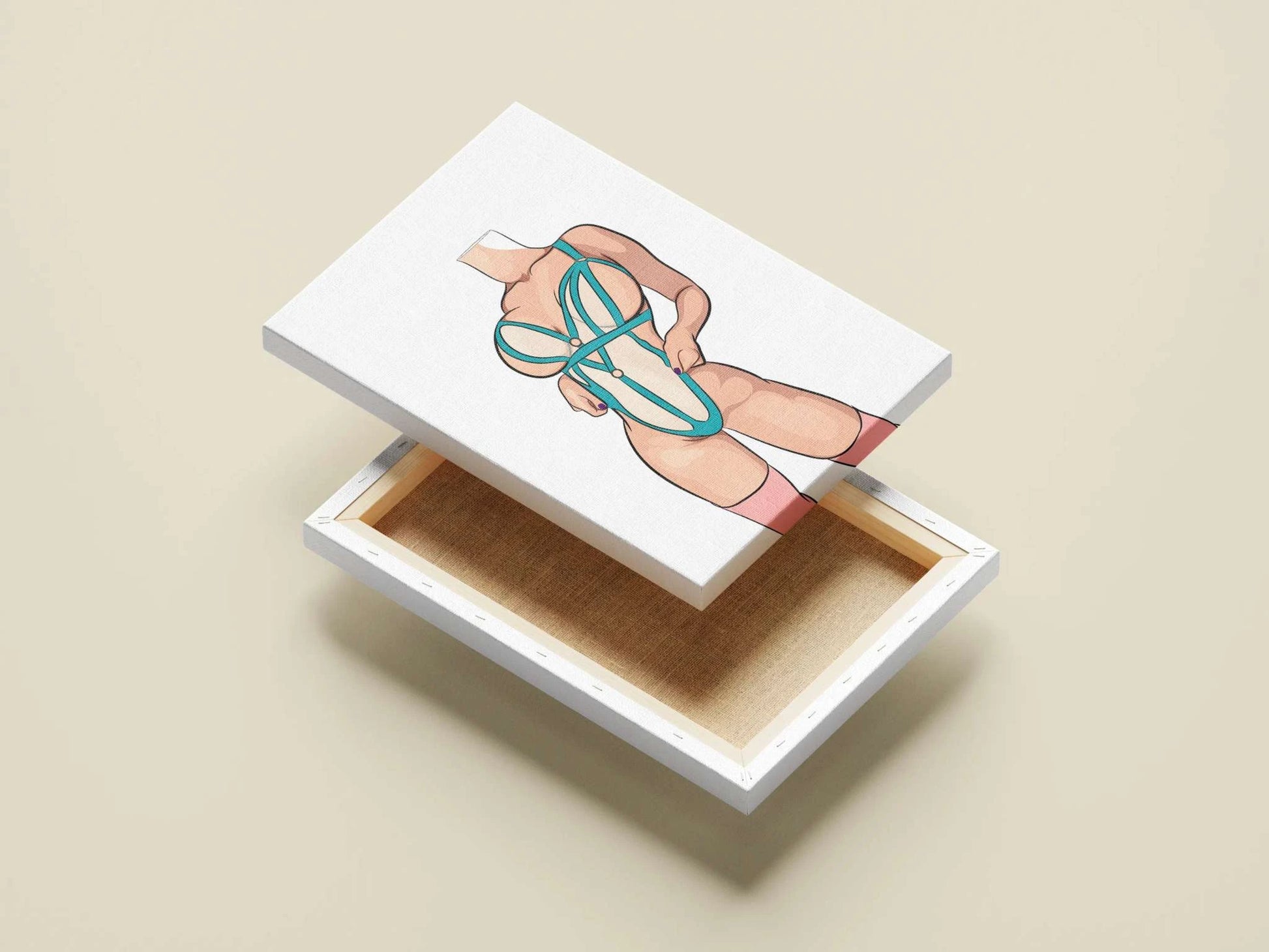 Digital art of a lingerie model on a canvas box, showcasing Baked Art - Model 62 design for download.