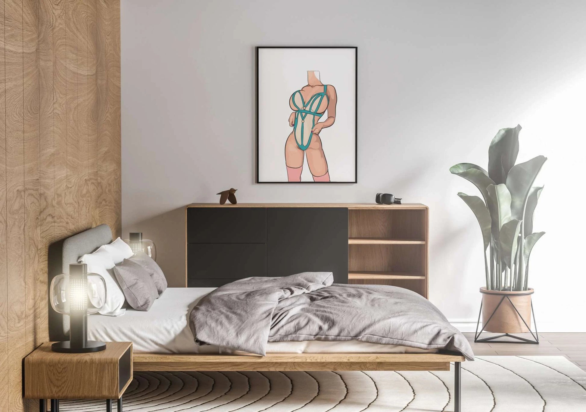 Baked Art - Model 62 digital illustration in modern bedroom setting.