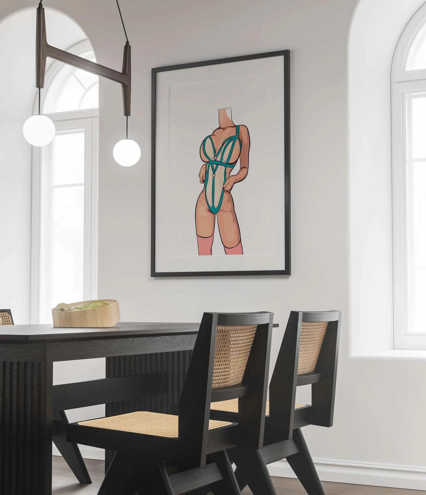 Digital art print of Lingerie Model 62 from Baked Art collection, displayed in a modern dining room setting.