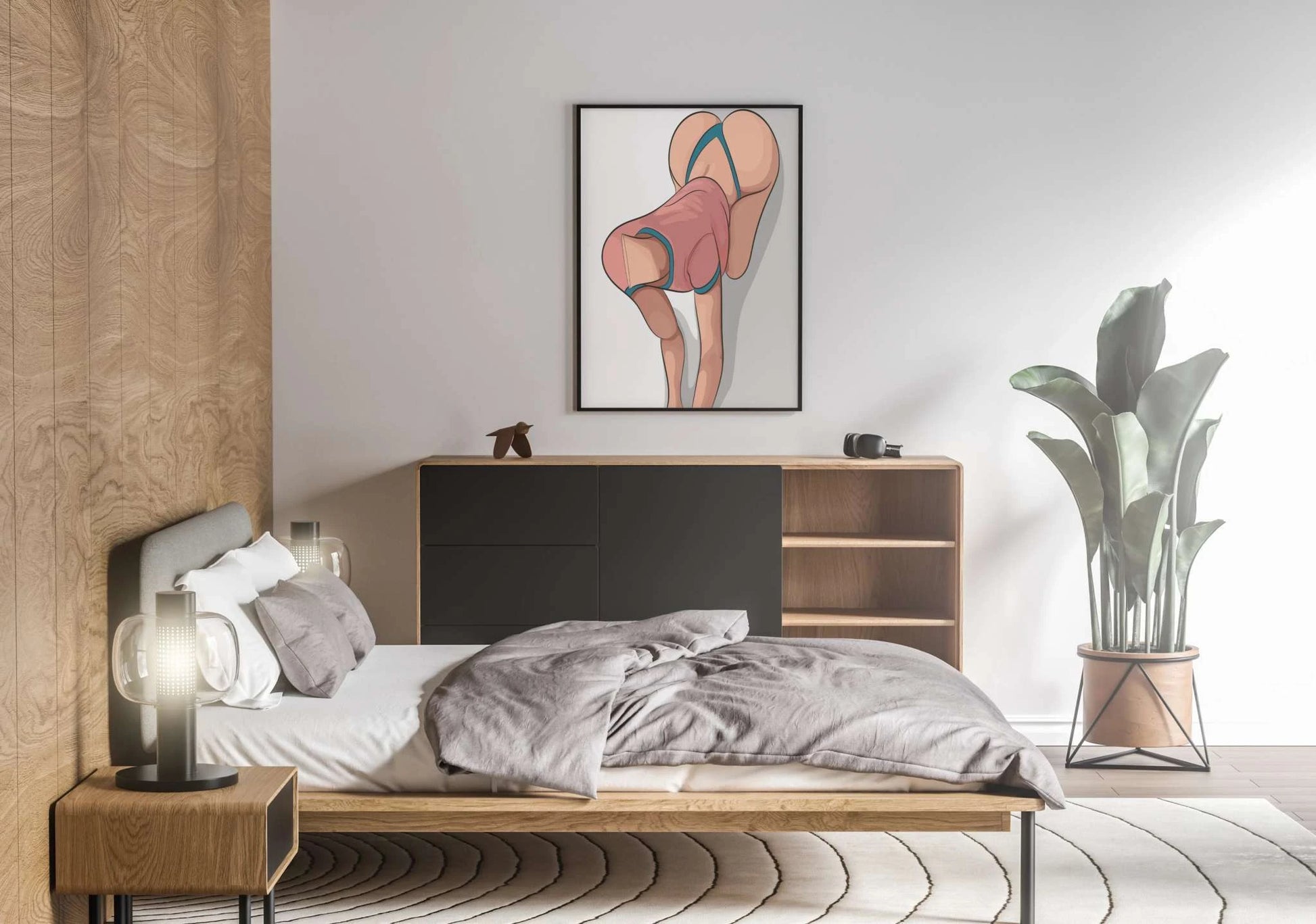 Digital art titled 'Lingerie Model 63' on bedroom wall, showcasing bold design and modern style.
